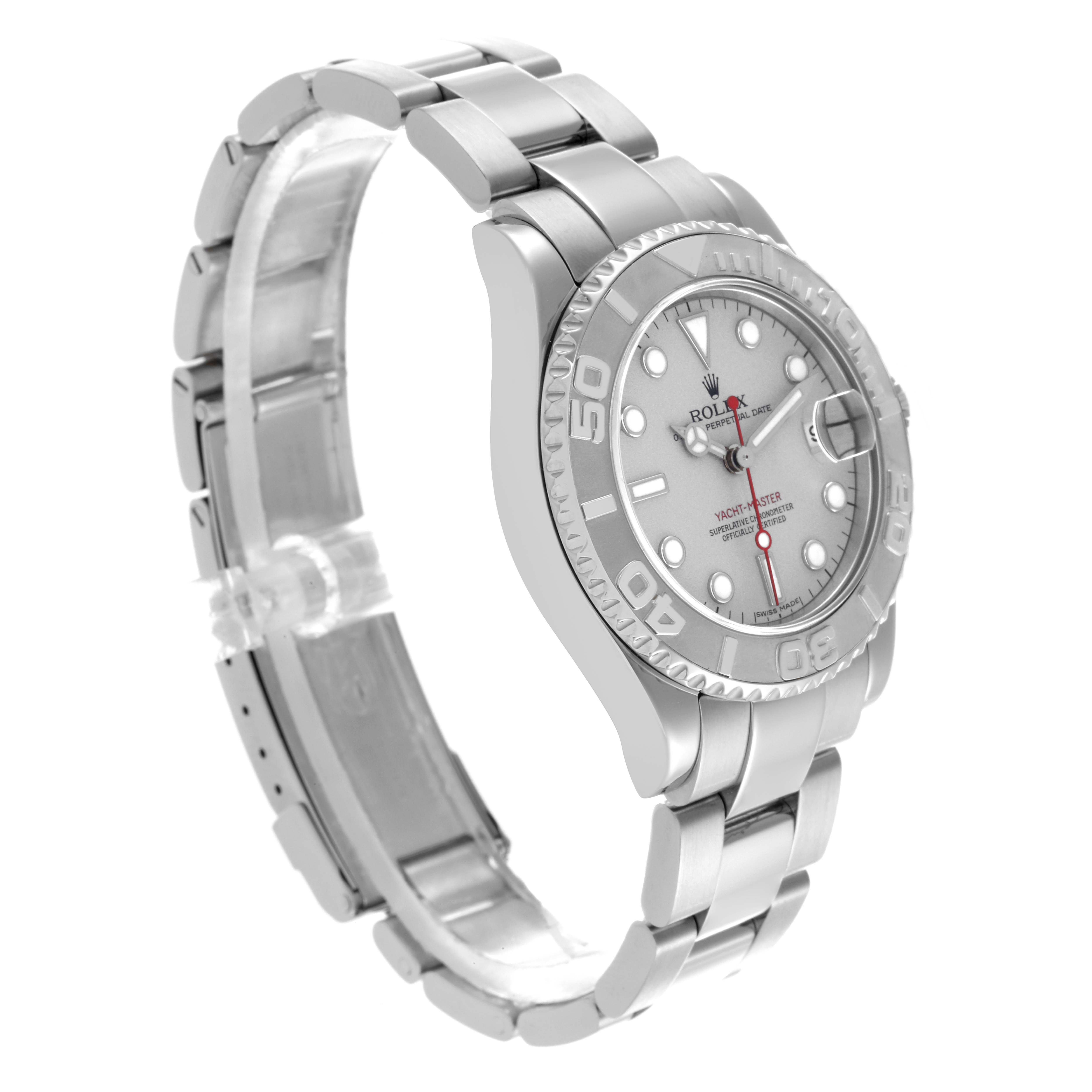 The image shows a side angle of the Rolex Yacht-Master 168622 Men's Stainless Steel Grey Dial 168622 Men's Stainless Steel Grey Dial watch, highlighting the bracelet, bezel, and case.