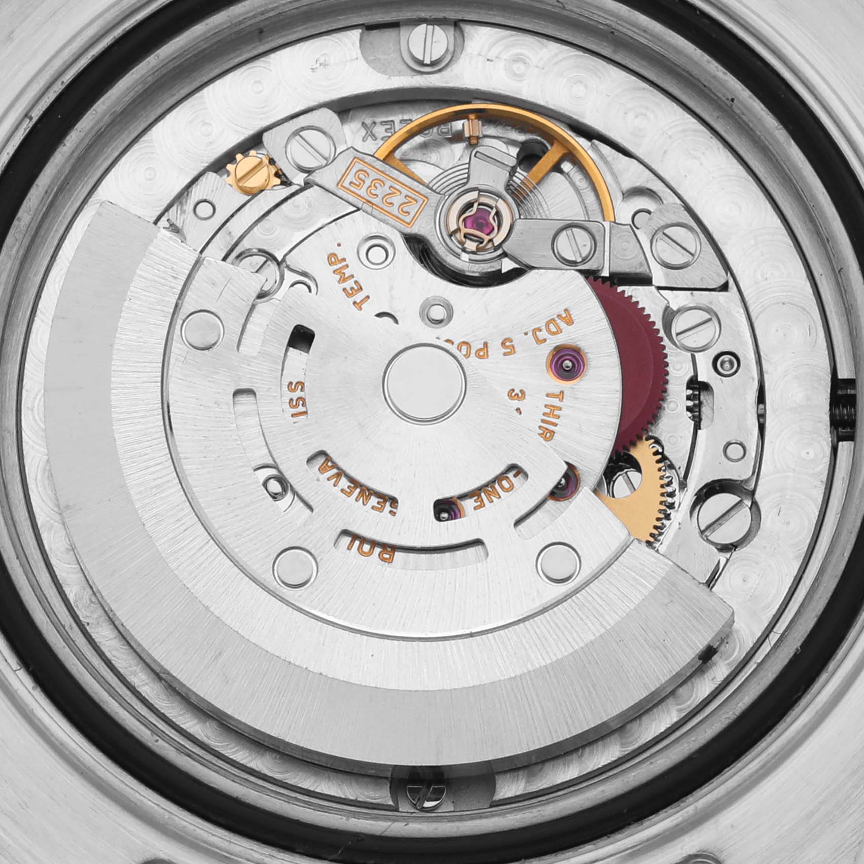 The image shows a close-up of the Rolex Yacht-Master 168622 Men's Stainless Steel Grey Dial 168622 Men's Stainless Steel Grey Dial's internal watch movement from the back.