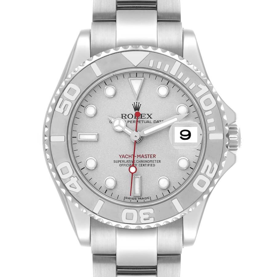 The image shows a front view of a Rolex Yacht-Master watch, highlighting the dial, bezel, and part of the bracelet.