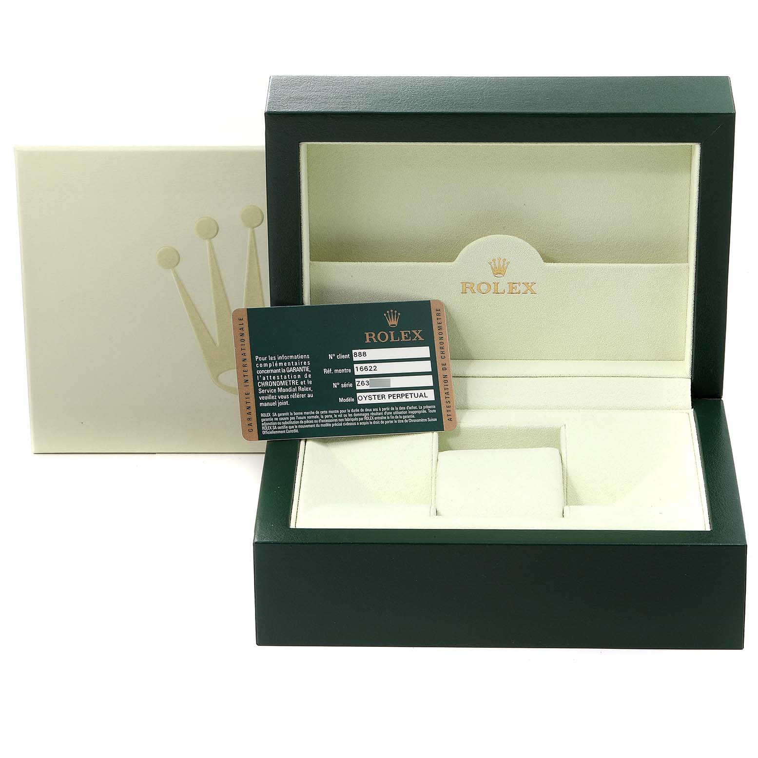 The image shows a Rolex Yacht-Master 16622 Men's Stainless Steel Silver Dial 16622 Men's Stainless Steel Silver Dial watch box and authenticity card viewed from the front.