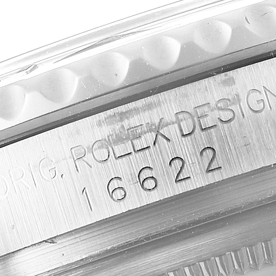 Close-up view of the serial number engraving on the side of the Rolex Yacht-Master 16622 Men's Stainless Steel Silver Dial 16622 Men's Stainless Steel Silver Dial watch case.