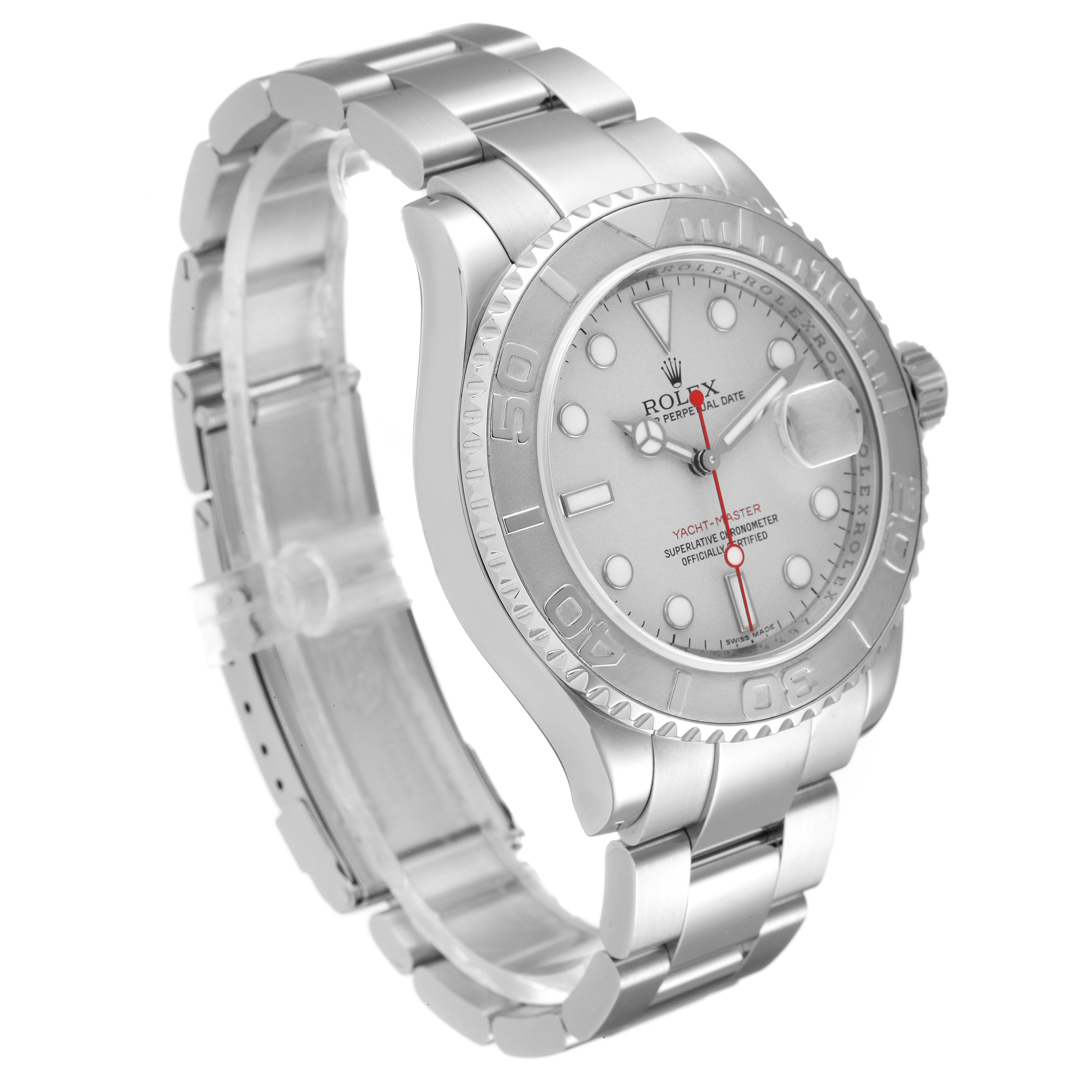 This image shows a Rolex Yacht-Master 16622 Men's Stainless Steel Silver Dial 16622 Men's Stainless Steel Silver Dial watch at a three-quarter angle, highlighting its silver dial, bezel, and bracelet.