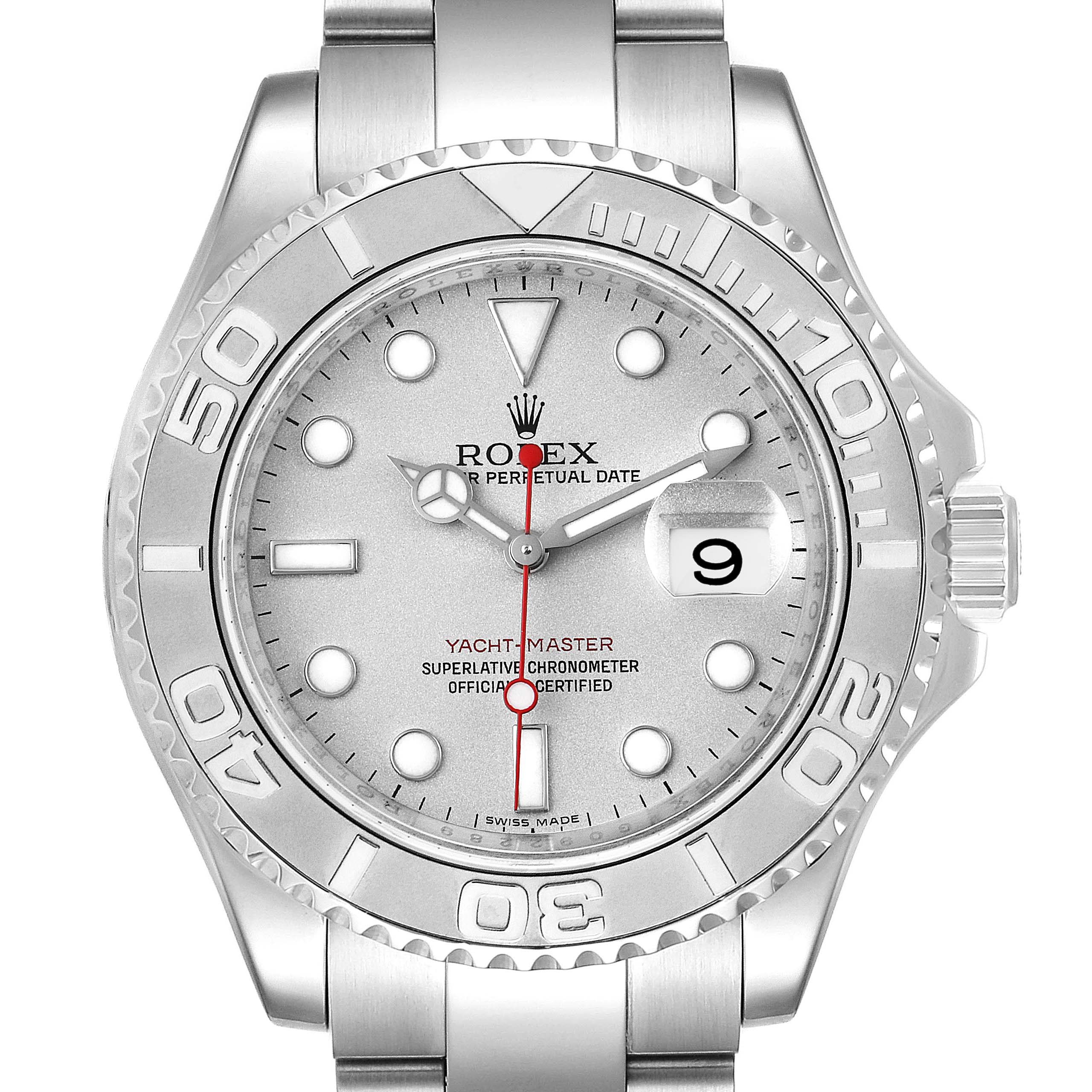 The image shows a front view of the Rolex Yacht-Master 16622 Men's Stainless Steel Silver Dial 16622 Men's Stainless Steel Silver Dial watch, highlighting the dial, bezel, and bracelet.
