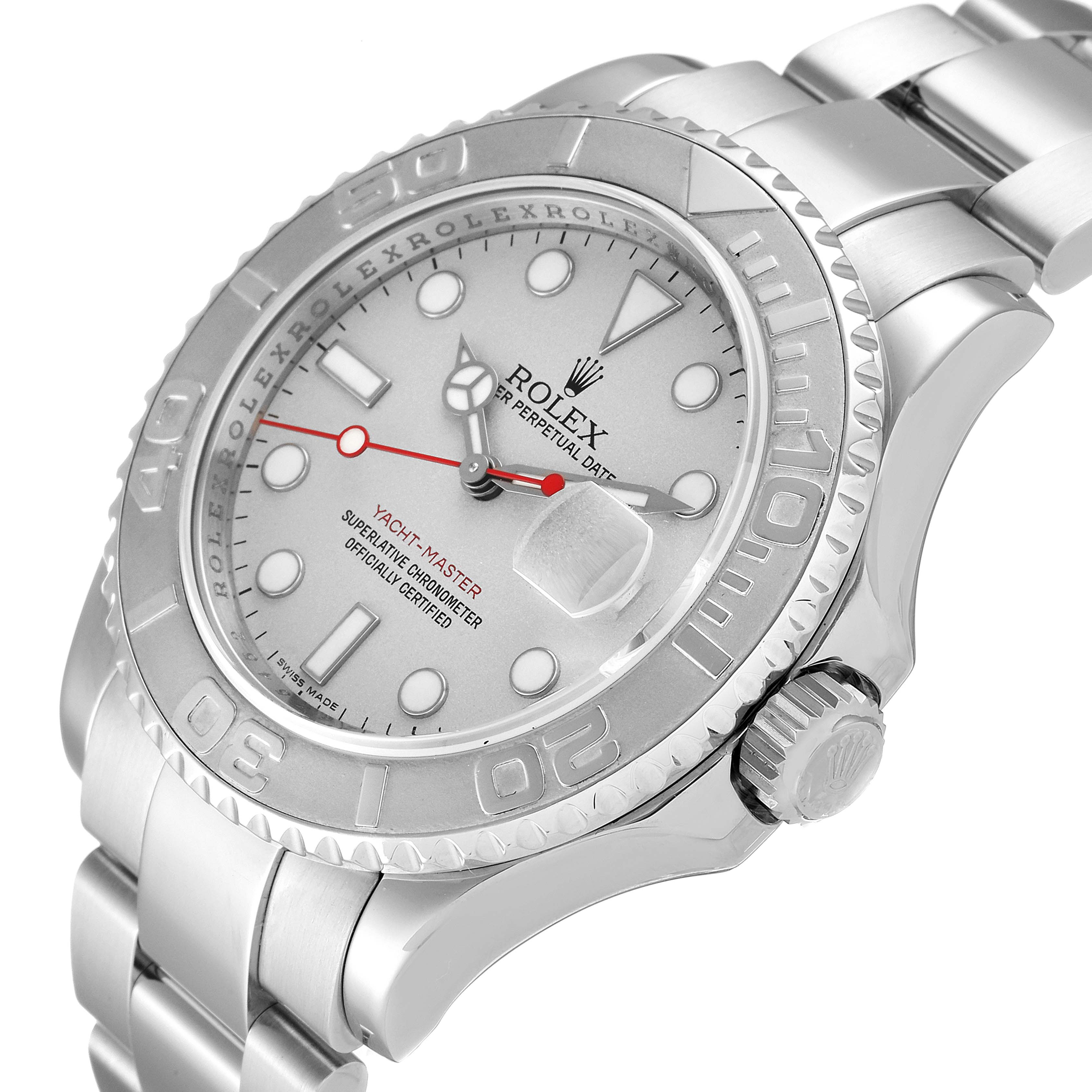 The Rolex Yacht-Master 16622 Men's Stainless Steel Silver Dial 16622 Men's Stainless Steel Silver Dial watch is shown at an angled view, highlighting its face, bezel, crown, and bracelet.