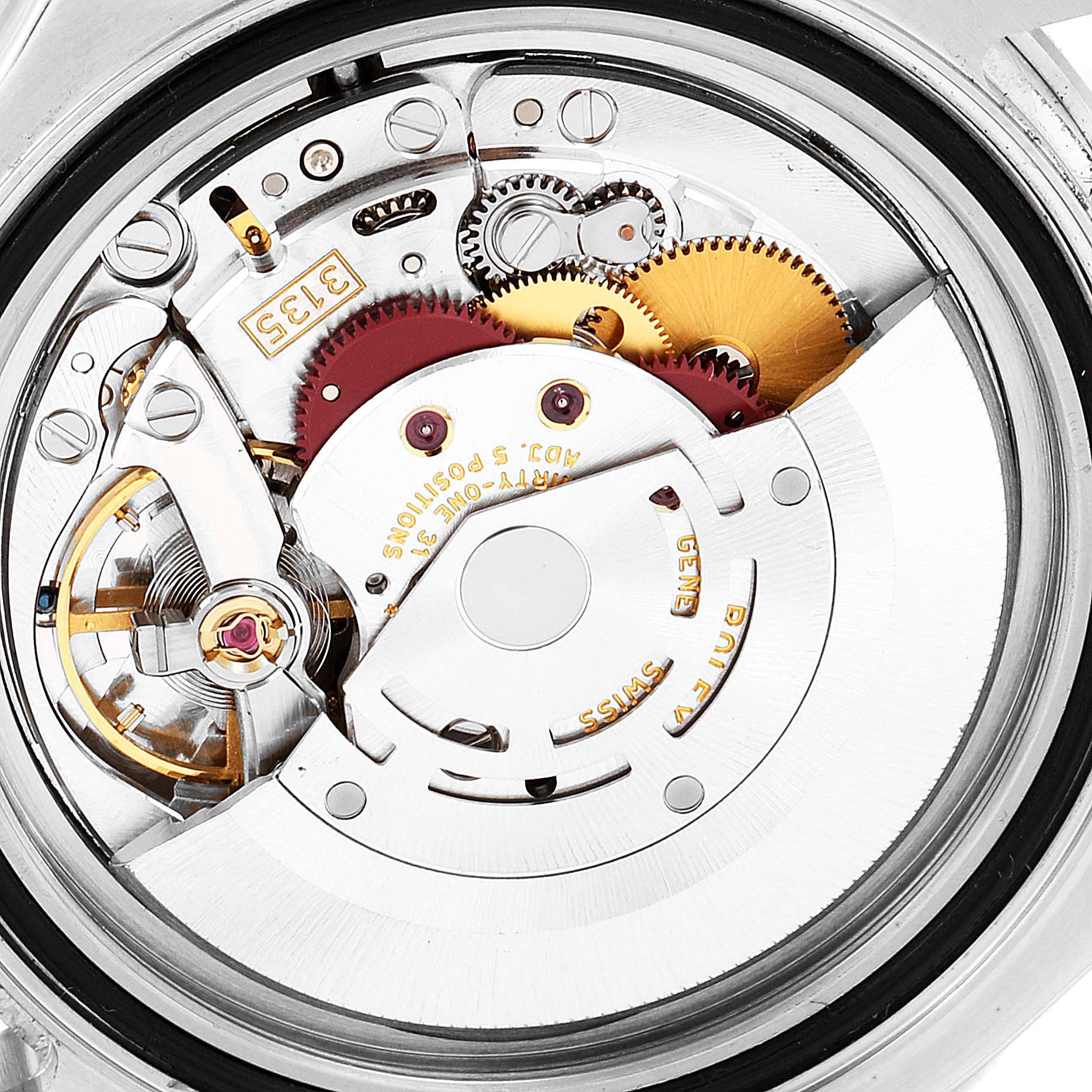 This is a close-up view of the movement mechanism of a Rolex Yacht-Master 16622 Men's Stainless Steel Silver Dial 16622 Men's Stainless Steel Silver Dial watch, showcasing its inner gears and components.