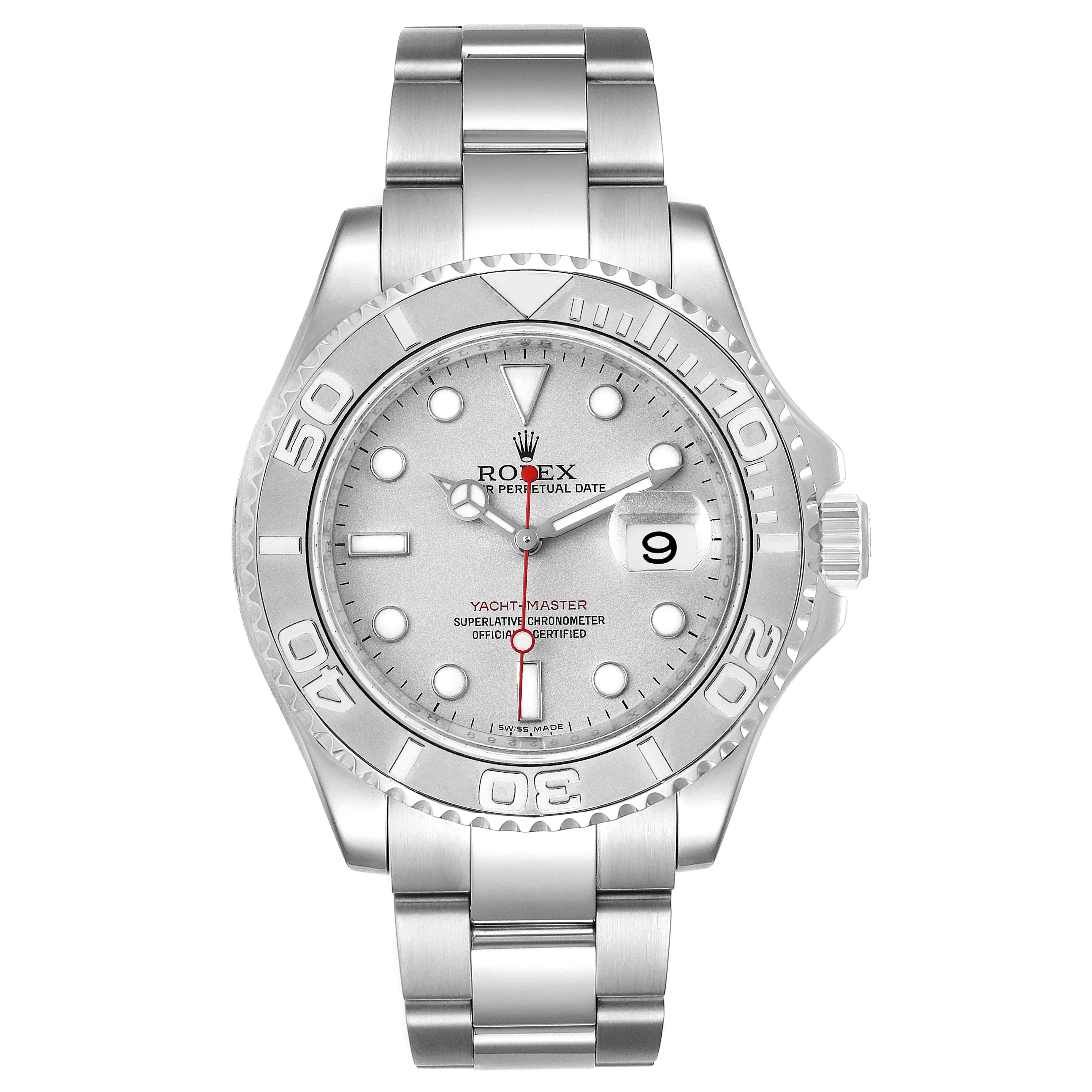 The Rolex Yacht-Master 16622 Men's Stainless Steel Silver Dial 16622 Men's Stainless Steel Silver Dial watch is shown from a front angle, displaying the face, bezel, dial, and part of the bracelet.