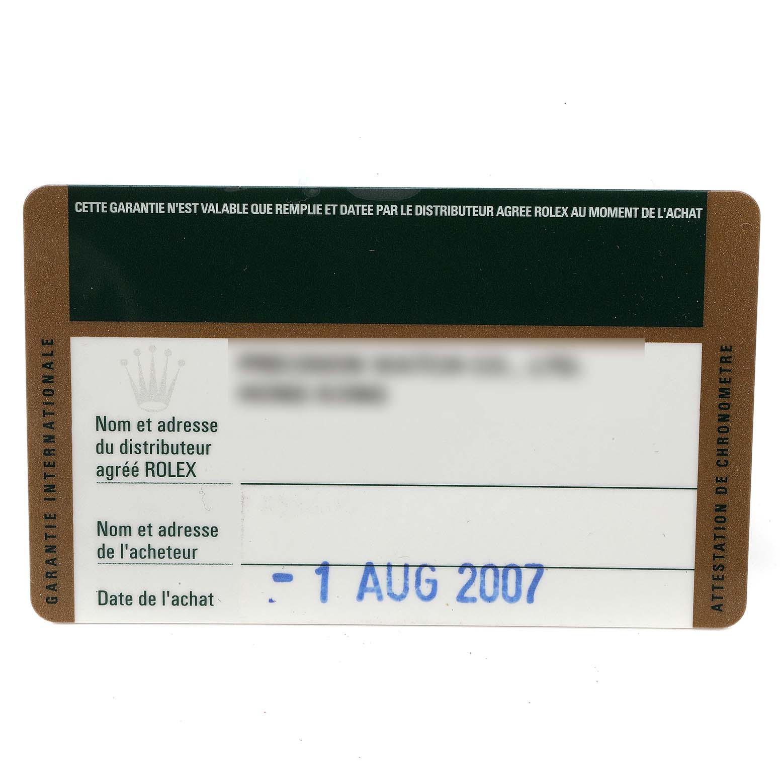This image shows a Rolex warranty card for the Yacht-Master model, featuring purchase details and a date stamp of 1 AUG 2007.