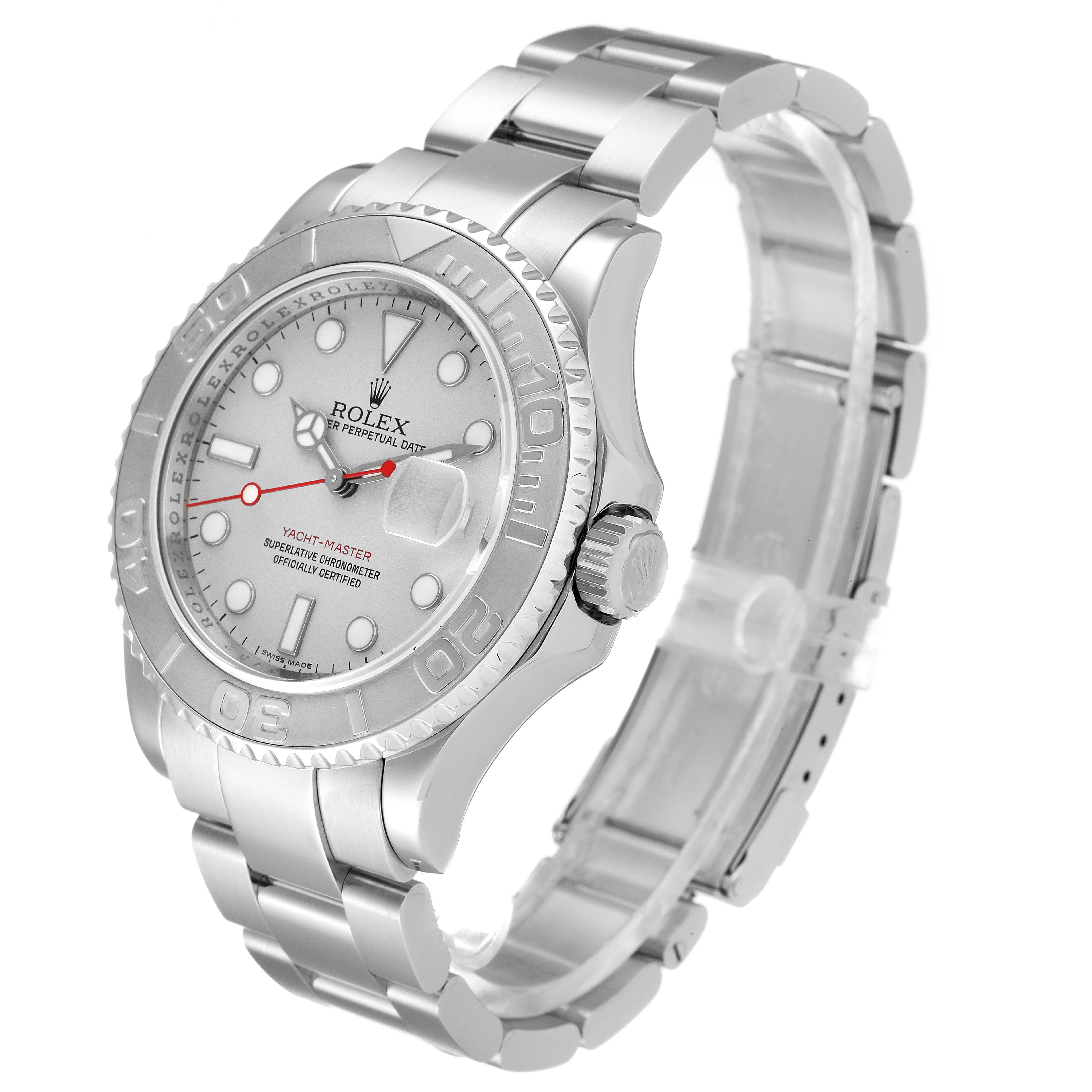 The Rolex Yacht-Master 16622 Men's Stainless Steel Silver Dial 16622 Men's Stainless Steel Silver Dial watch is shown from a 3/4 angle, displaying its face, bezel, and metal bracelet.