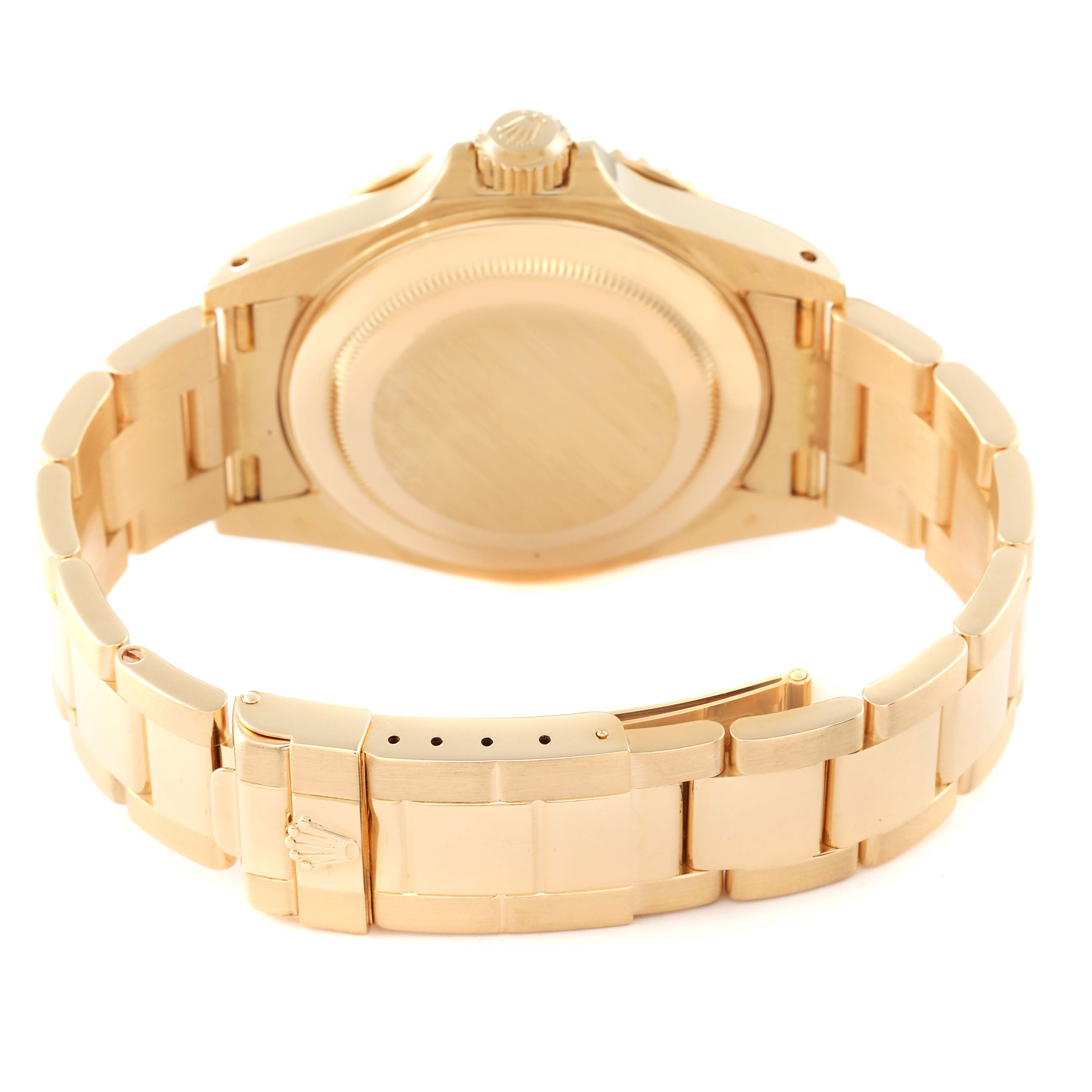 The image shows the back and bracelet of a Rolex Yacht-Master 16628 Men's Yellow Gold Blue Dial 16628 Men's Yellow Gold Blue Dial watch at a rear angle.