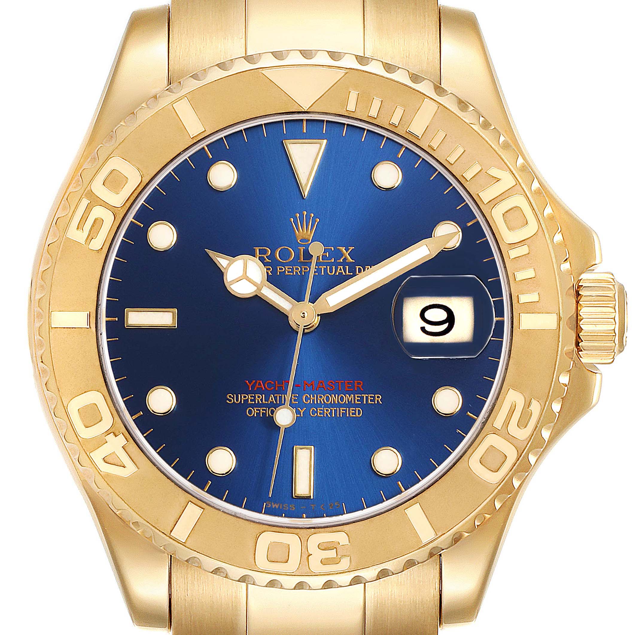 The image shows a front view of the Rolex Yacht-Master 16628 Men's Yellow Gold Blue Dial 16628 Men's Yellow Gold Blue Dial watch, highlighting its blue dial, gold case, and bezel with large numerals.