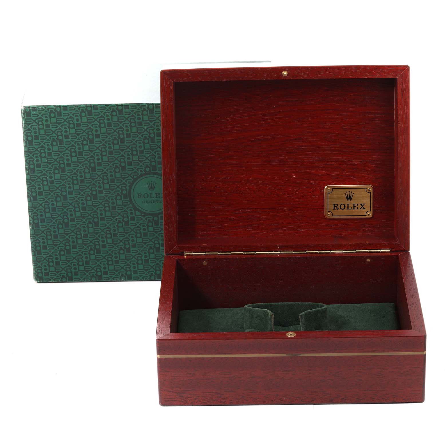 The image shows an open wooden Rolex box for the Yacht-Master model, with its exterior packaging partially visible.