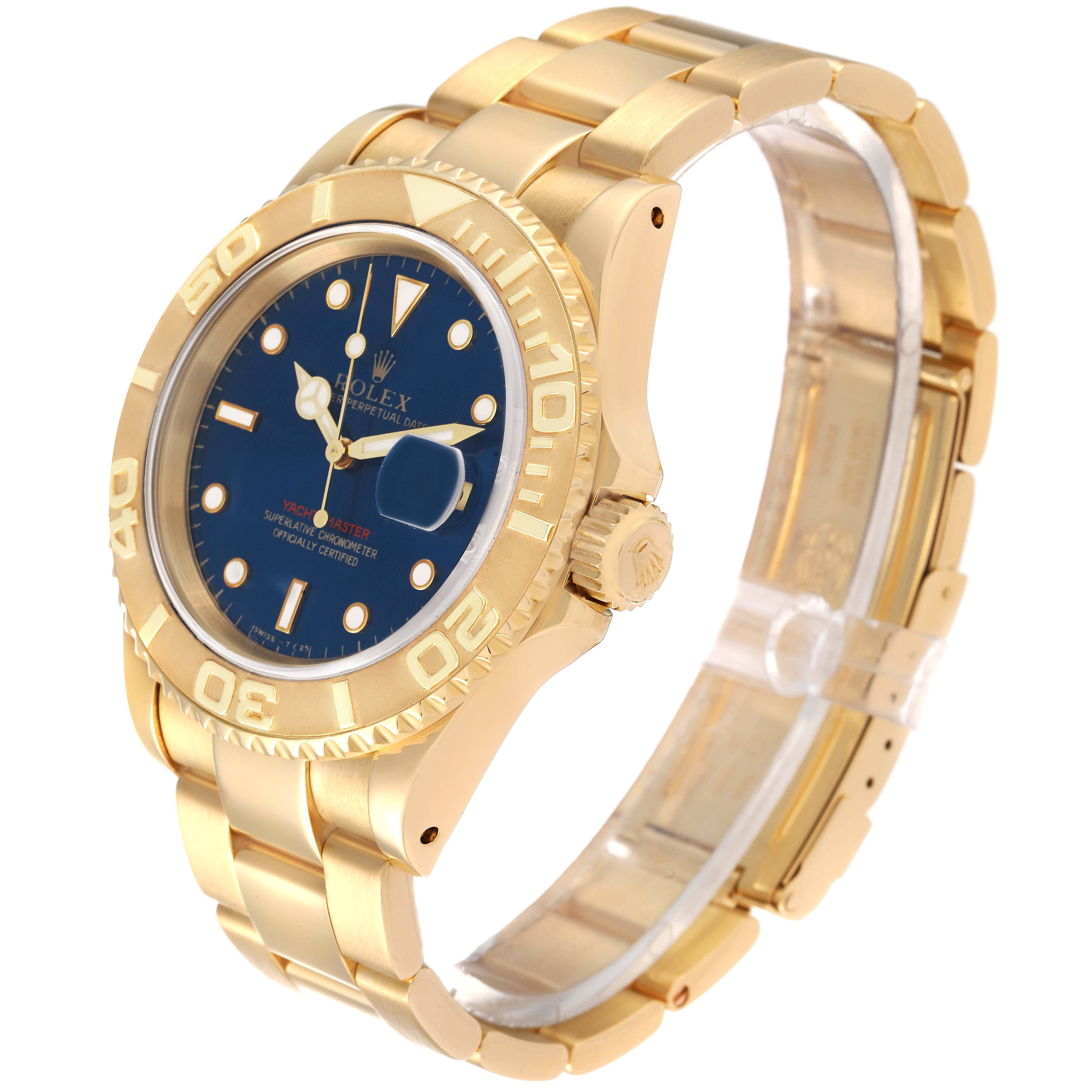 This image shows a side angle view of a Rolex Yacht-Master 16628 Men's Yellow Gold Blue Dial 16628 Men's Yellow Gold Blue Dial watch, highlighting the bracelet, crown, and face with date magnifier.