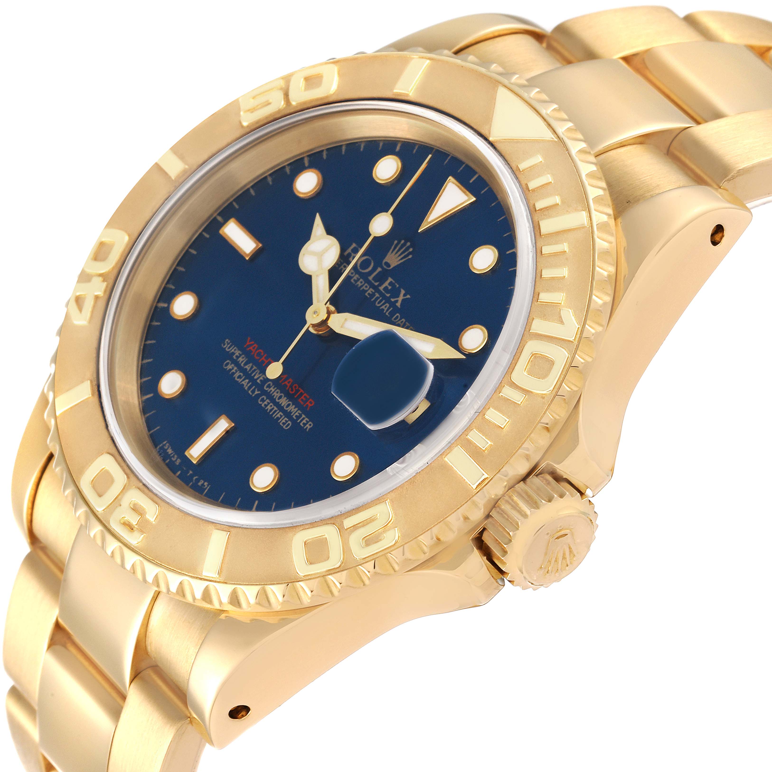 This image shows a side-angle view of the Rolex Yacht-Master 16628 Men's Yellow Gold Blue Dial 16628 Men's Yellow Gold Blue Dial watch, highlighting its gold bezel, blue dial, and bracelet.