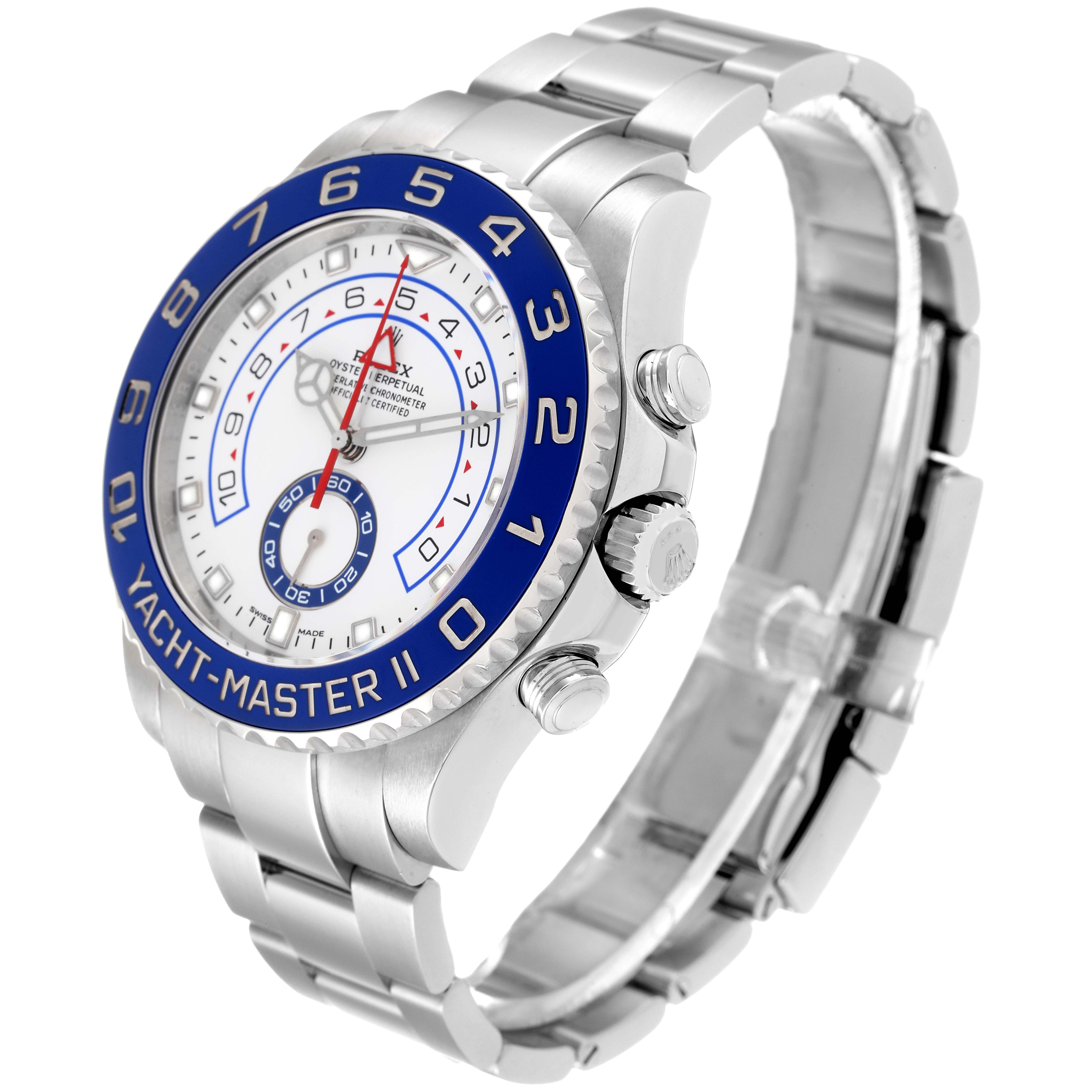 This Rolex Yacht-Master 116680 Men's Stainless Steel White Dial 116680 Men's Stainless Steel White Dial watch is shown at an angle displaying its face, bezel, crown, and part of the bracelet.