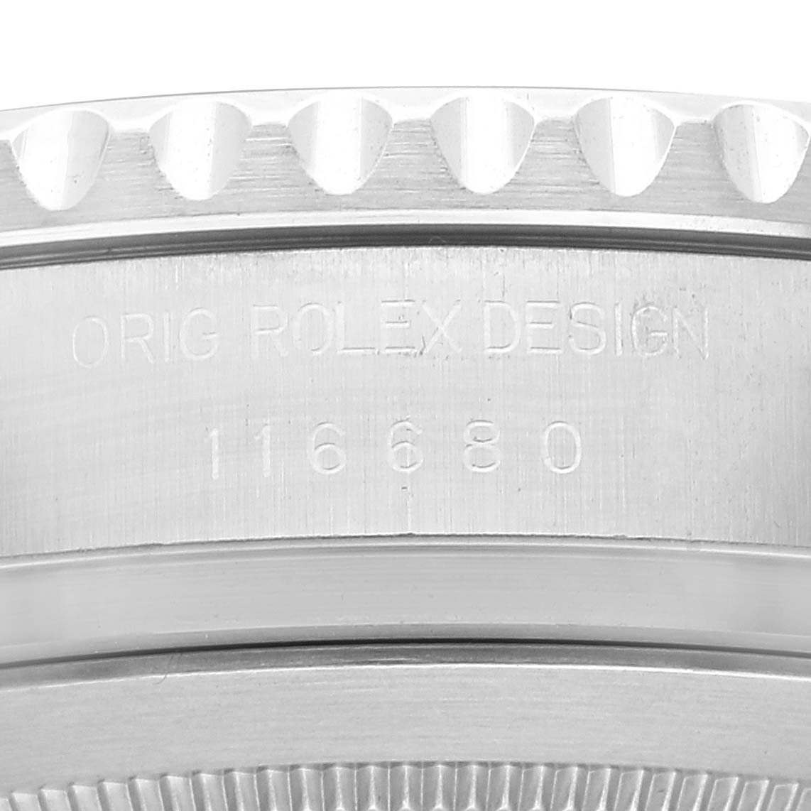 This close-up image shows the bezel and case part of the Rolex Yacht-Master 116680 Men's Stainless Steel White Dial 116680 Men's Stainless Steel White Dial watch, featuring the model number 116680.