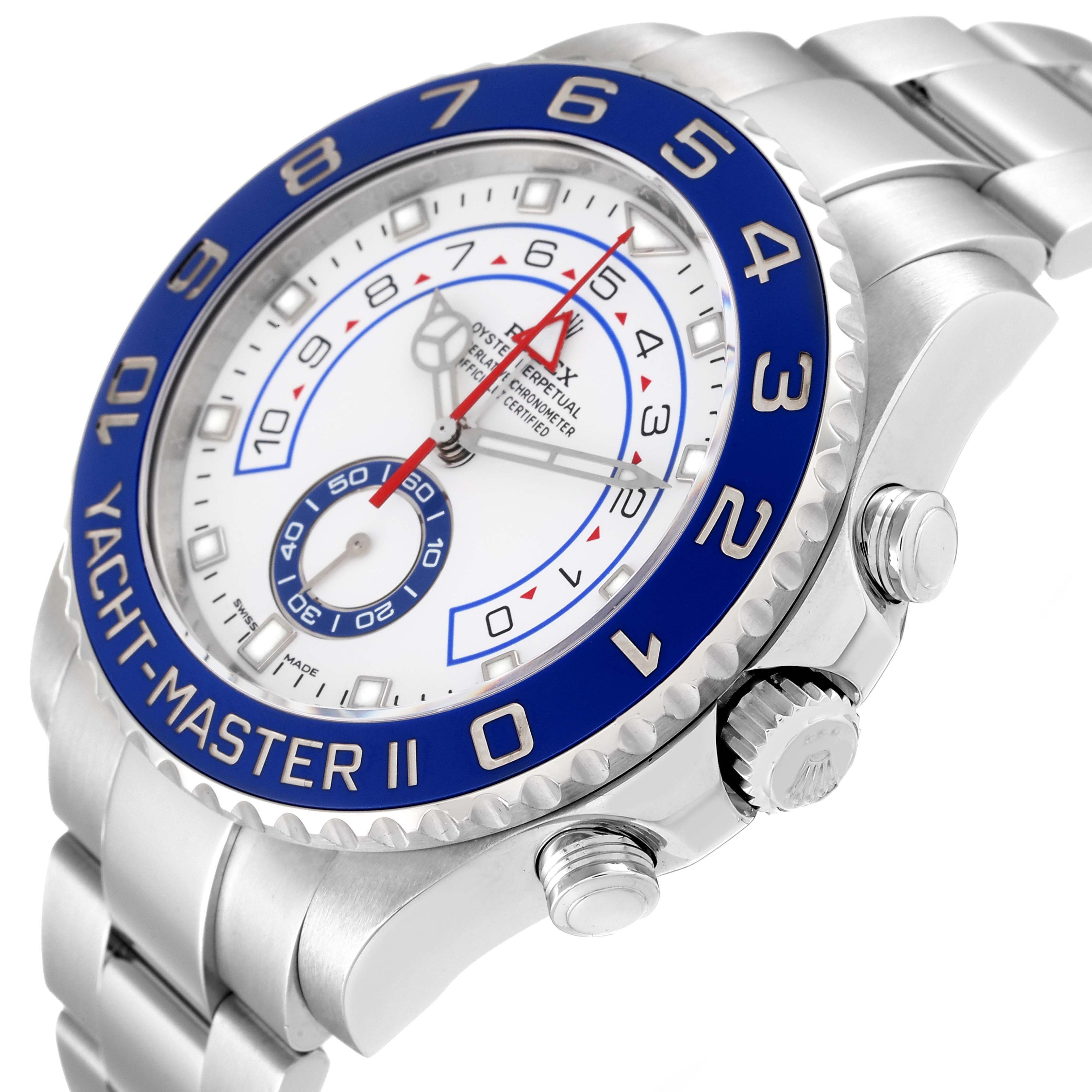 This is an angled close-up view of the Rolex Yacht-Master 116680 Men's Stainless Steel White Dial 116680 Men's Stainless Steel White Dial II watch, showing the bezel, crown, dial, and part of the bracelet.