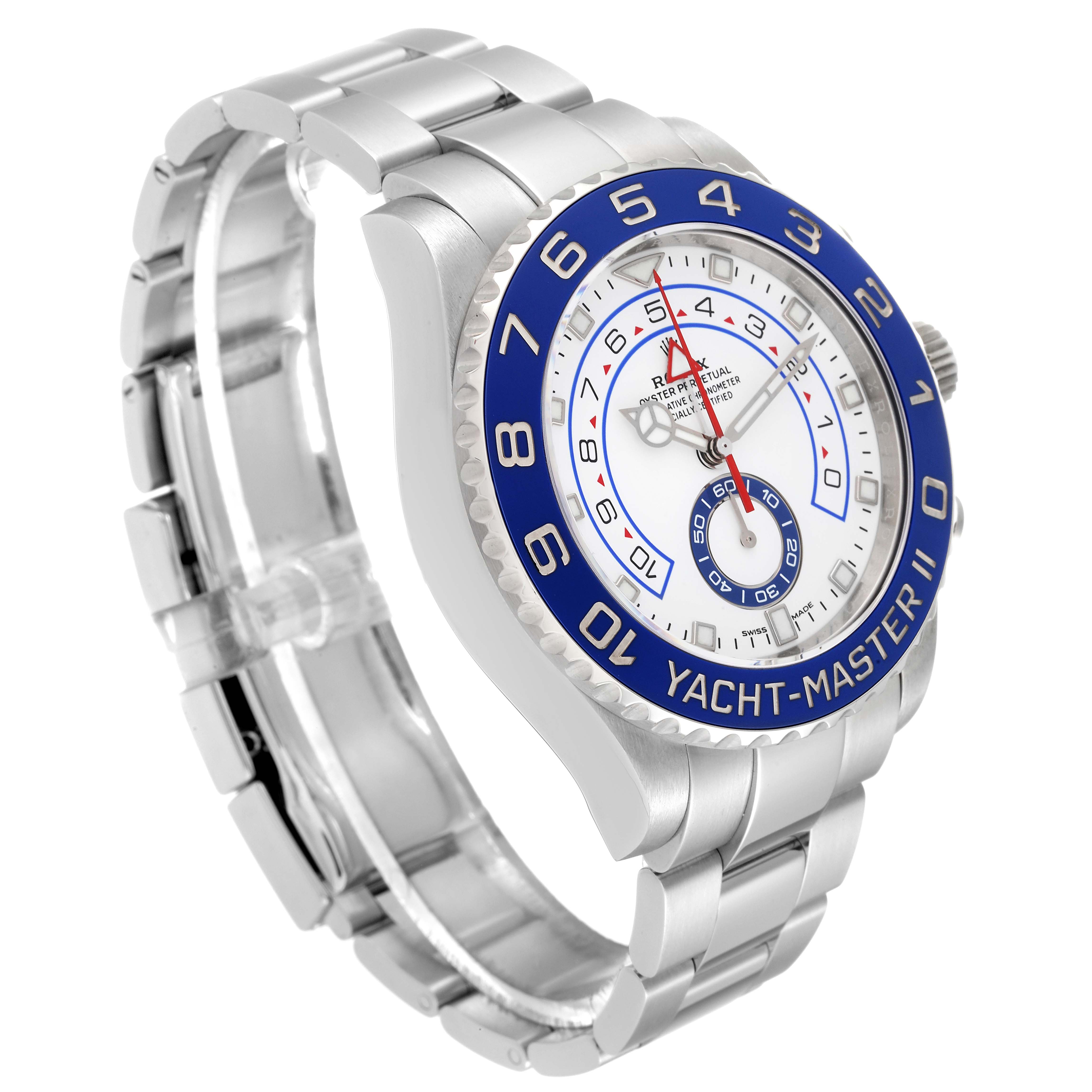 This image shows a side and front angled view of a Rolex Yacht-Master 116680 Men's Stainless Steel White Dial 116680 Men's Stainless Steel White Dial II, displaying the dial, bezel, and metal bracelet.