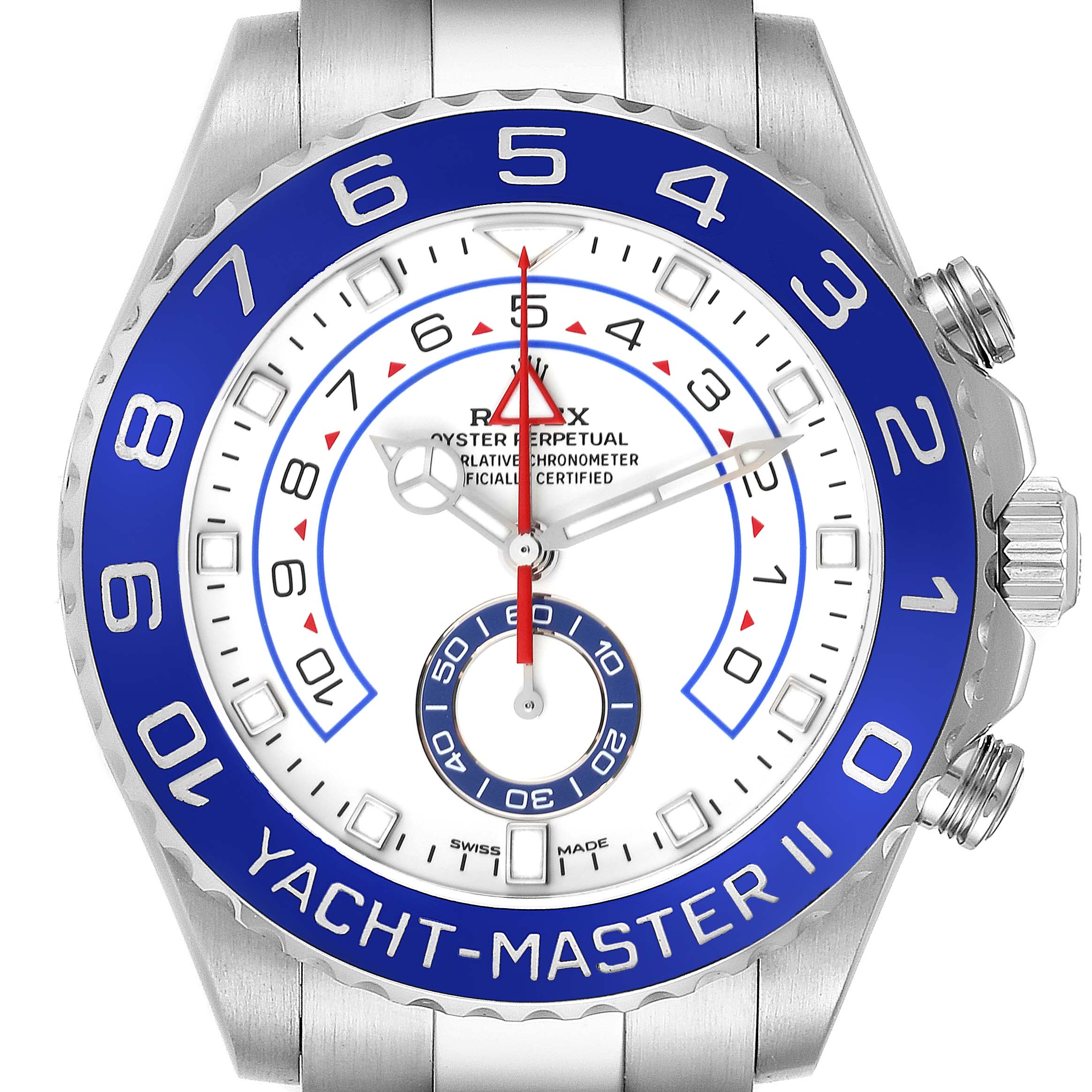 The image shows a front view of the Rolex Yacht-Master 116680 Men's Stainless Steel White Dial 116680 Men's Stainless Steel White Dial II, highlighting the dial, bezel, and crown.