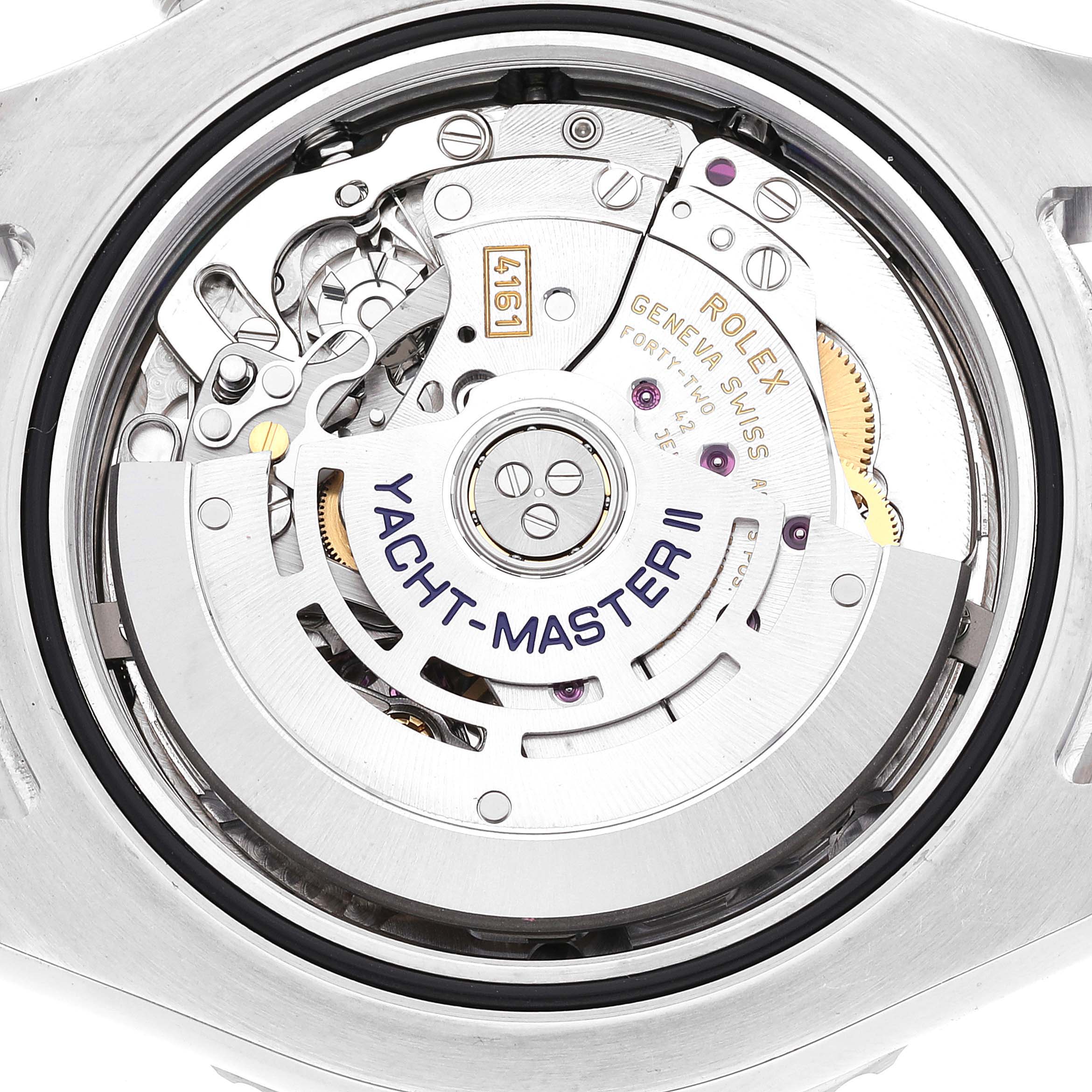 This image shows the internal movement mechanism of the Rolex Yacht-Master 116680 Men's Stainless Steel White Dial 116680 Men's Stainless Steel White Dial II watch from a back angle.