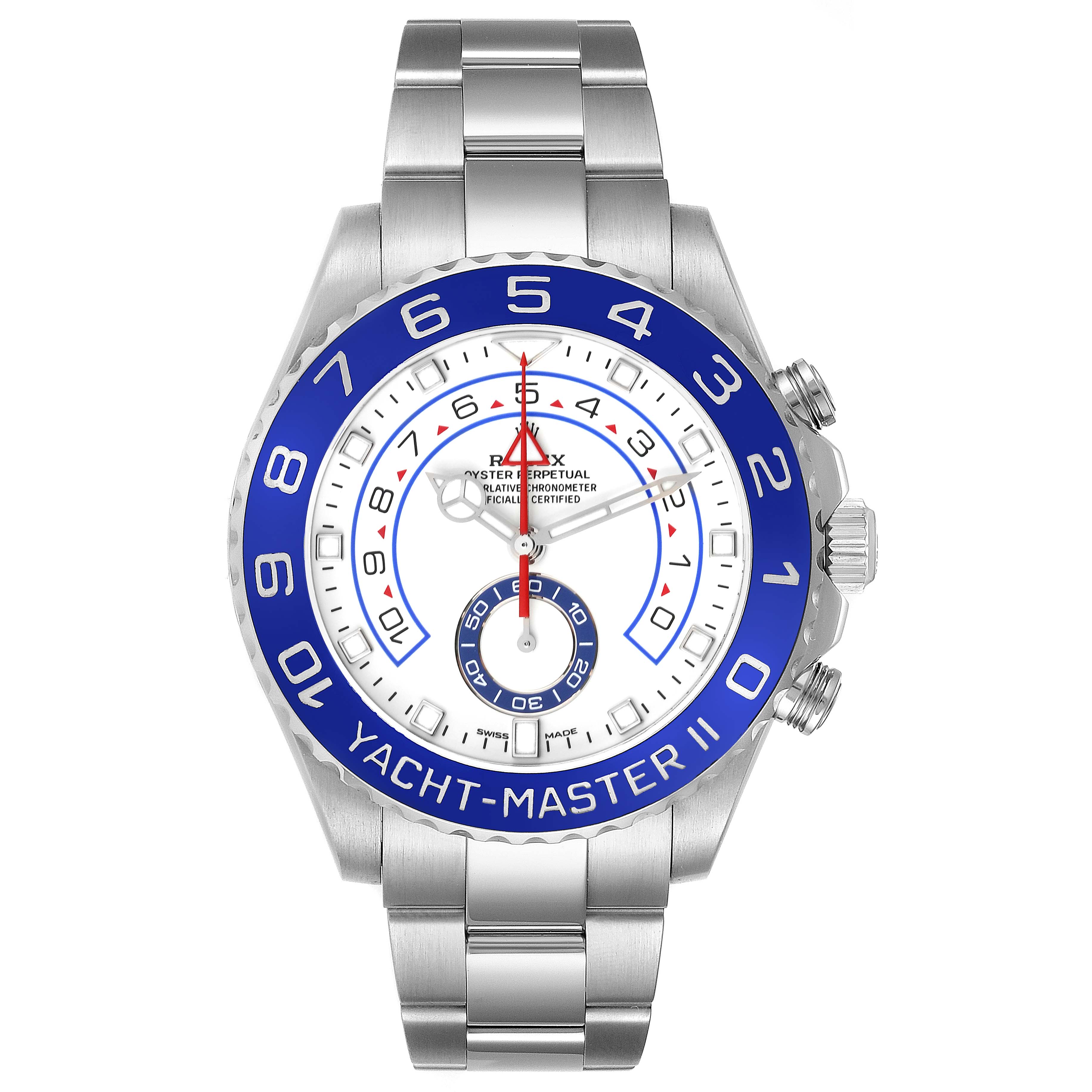 This image shows a front view of the Rolex Yacht-Master 116680 Men's Stainless Steel White Dial 116680 Men's Stainless Steel White Dial II watch, featuring its bracelet, bezel, and dial.