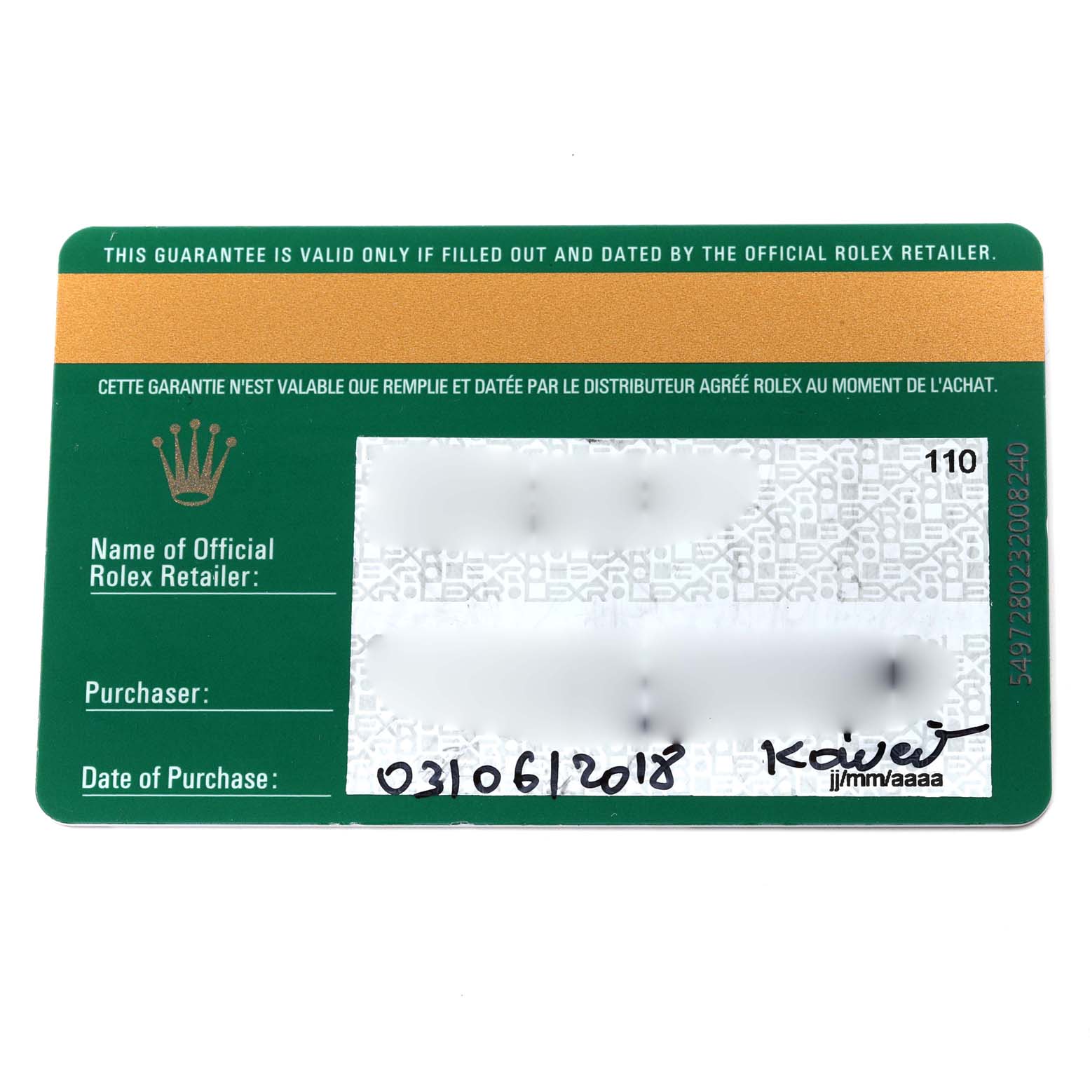 The image shows a close-up of the warranty card for the Yacht-Master model by Rolex.