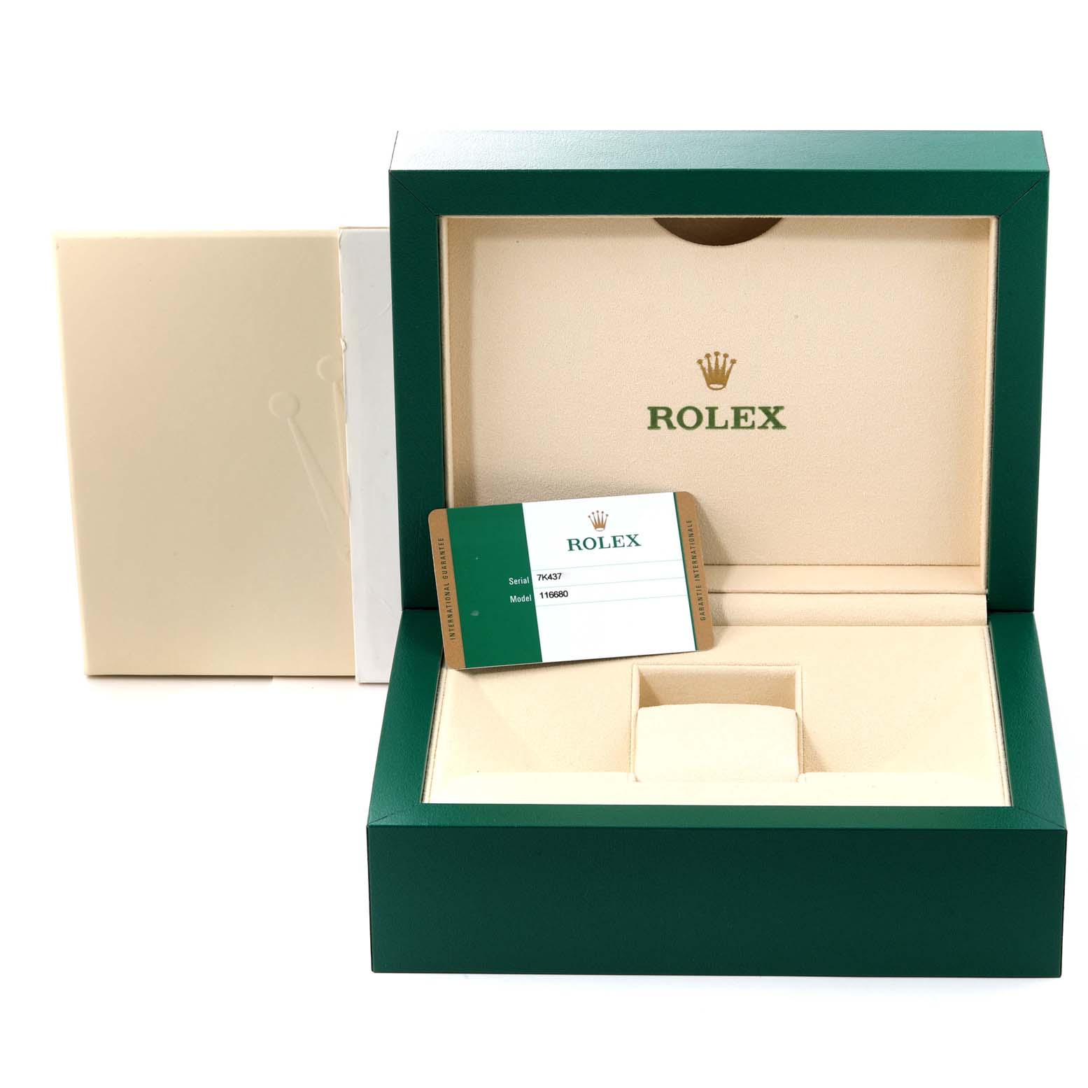 This image shows a beige and green Rolex Yacht-Master 116680 Men's Stainless Steel White Dial 116680 Men's Stainless Steel White Dial box with a certification card inside.