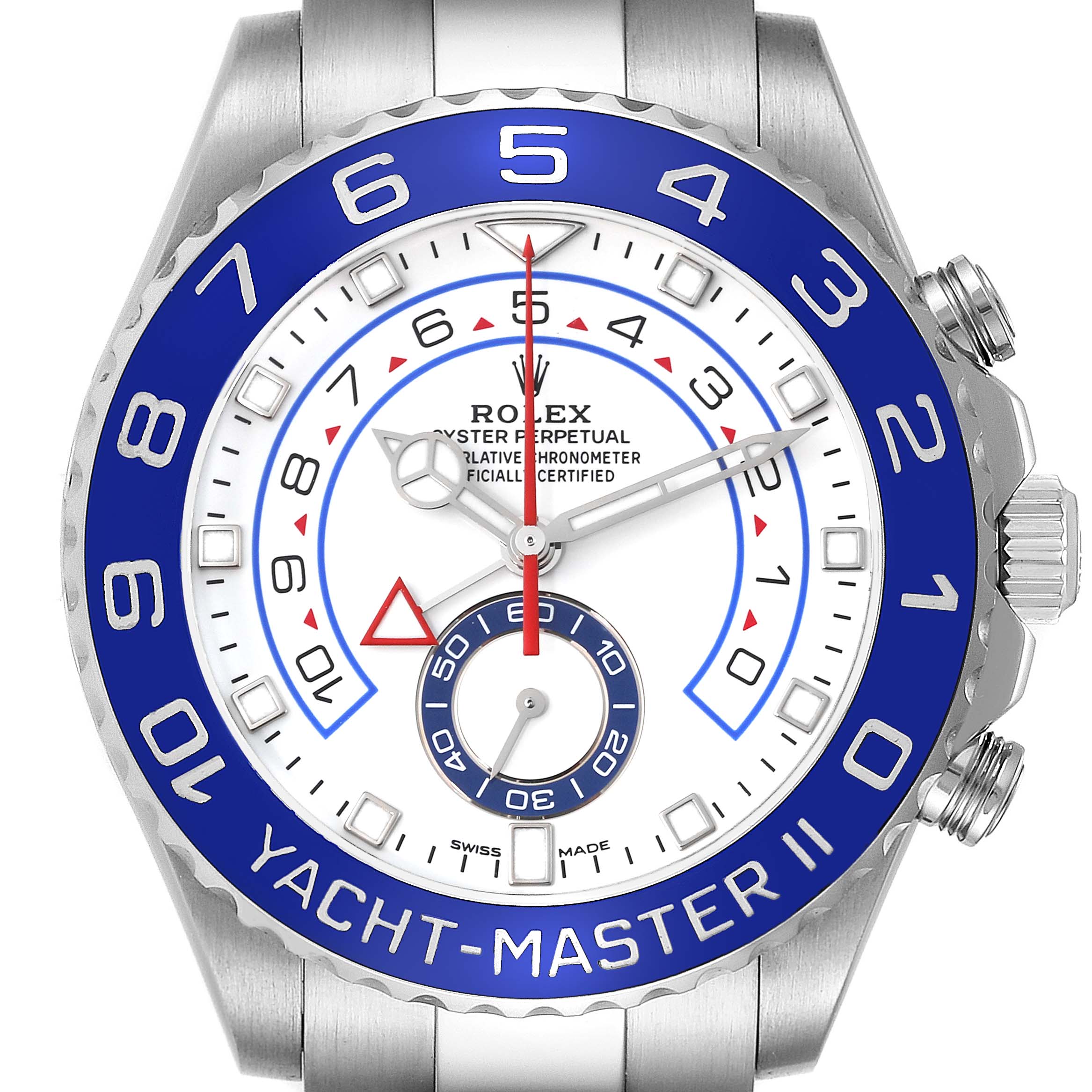 This image shows the Yacht-Master II model by Rolex from a front angle, highlighting the face, bezel, and crown.