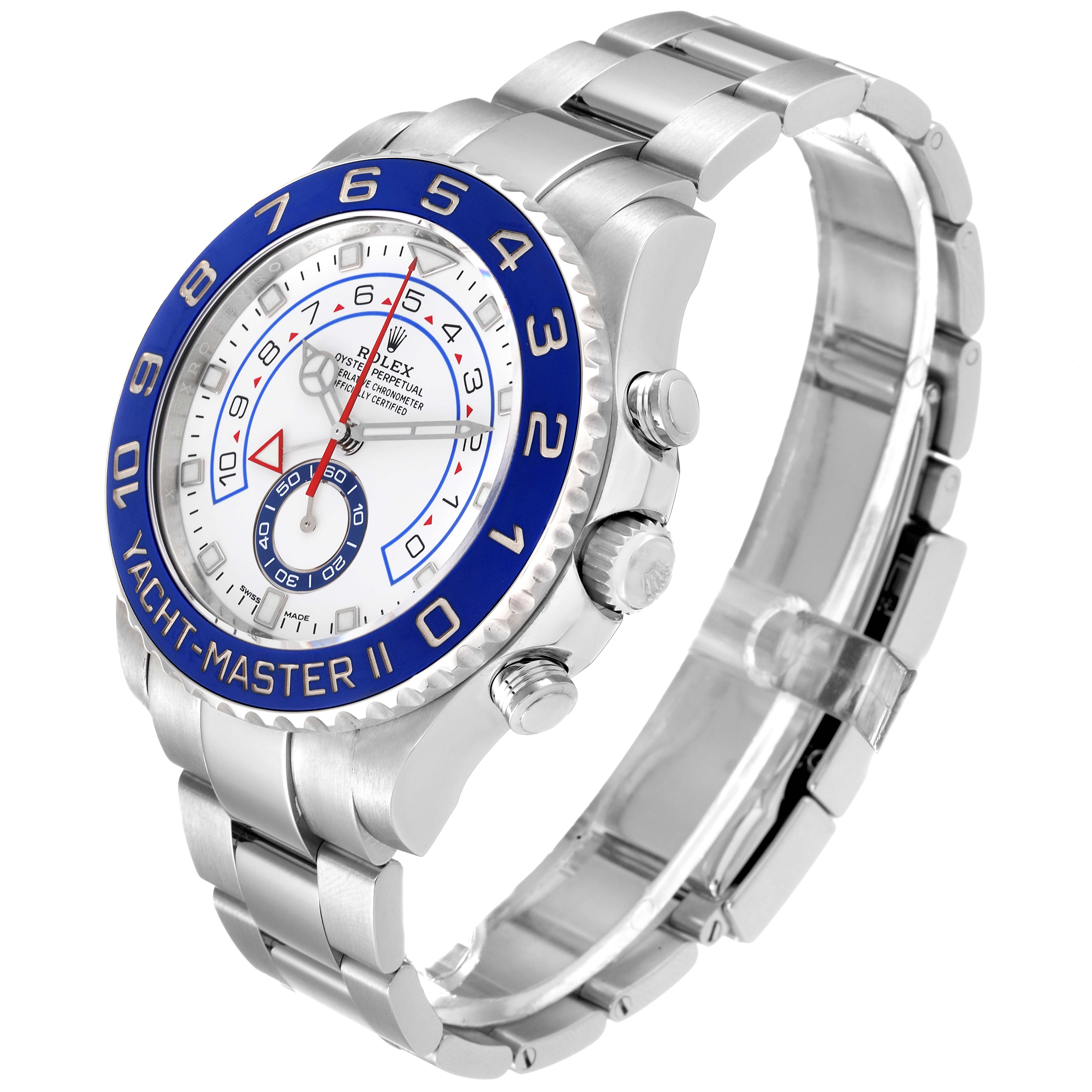 The Rolex Yacht-Master 116680 Men's Stainless Steel White Dial 116680 Men's Stainless Steel White Dial watch is shown at a diagonal angle, highlighting its face, bezel, and part of the bracelet.