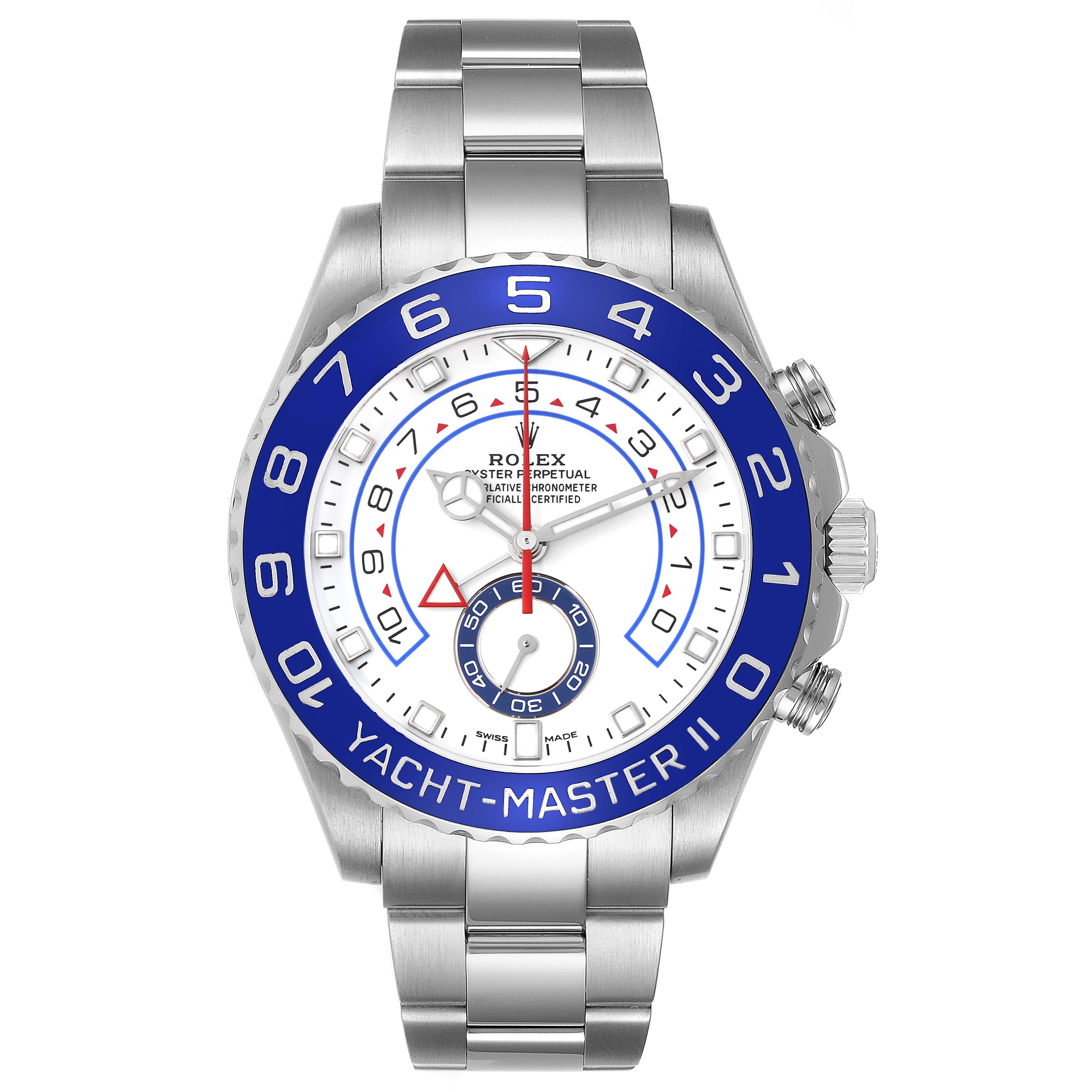 The Rolex Yacht-Master 116680 Men's Stainless Steel White Dial 116680 Men's Stainless Steel White Dial II watch is shown from a front angle with a focus on the dial, bezel, and bracelet.