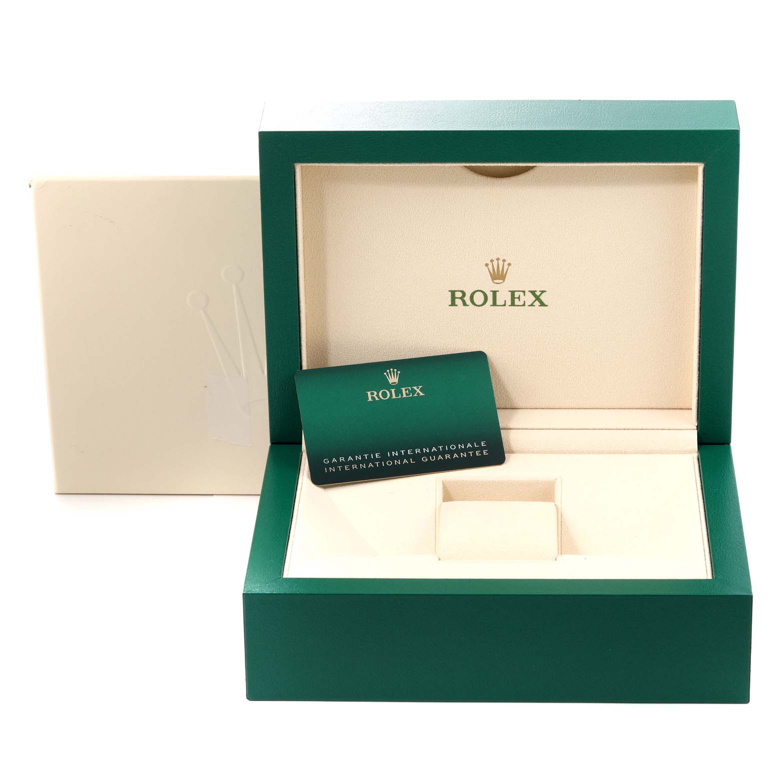 The image shows an empty Rolex Yacht-Master 116680 Men's Stainless Steel White Dial 116680 Men's Stainless Steel White Dial watch box, including the international guarantee card.