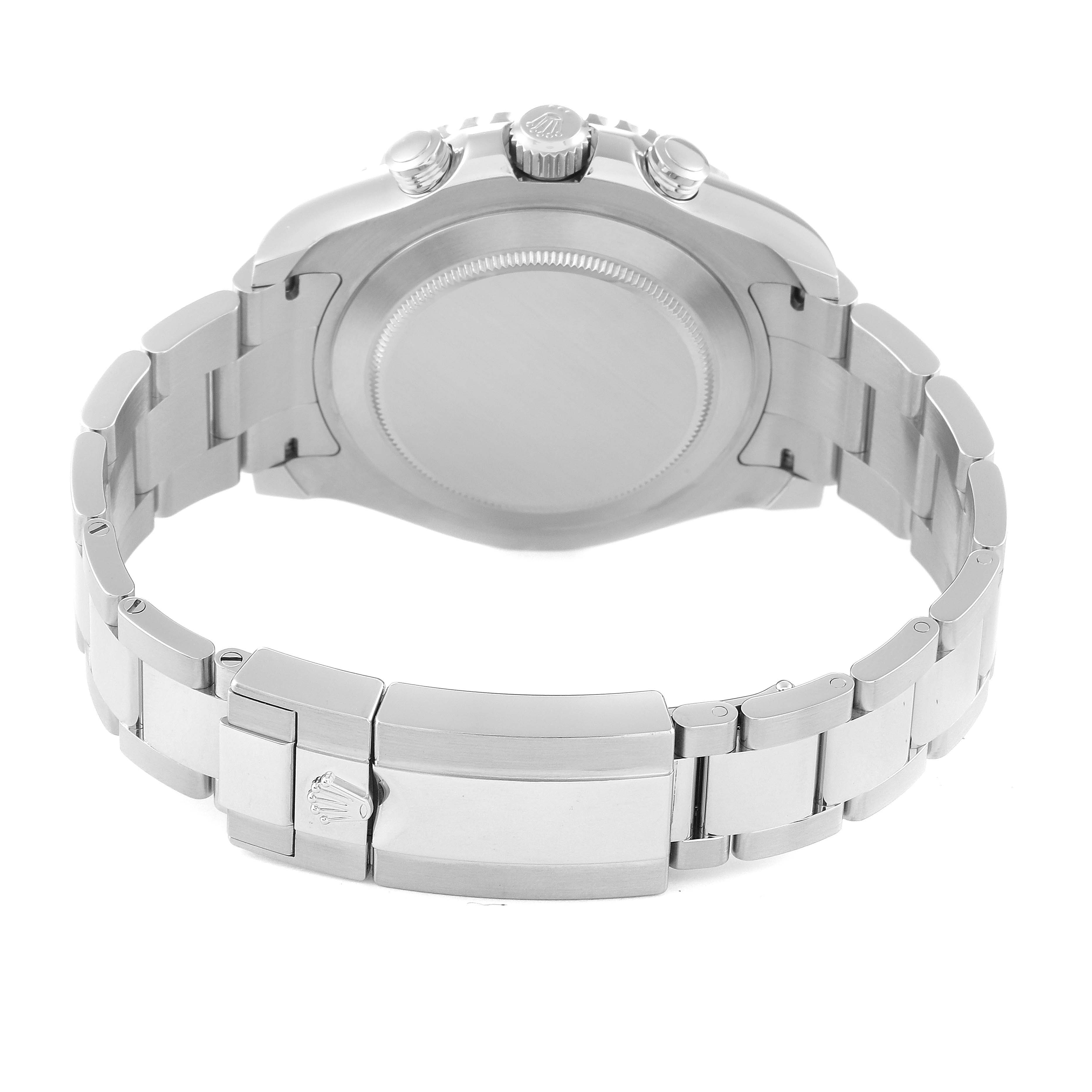 This image shows the backside and clasp of a Rolex Yacht-Master 116680 Men's Stainless Steel White Dial 116680 Men's Stainless Steel White Dial watch from a straight-on angle.