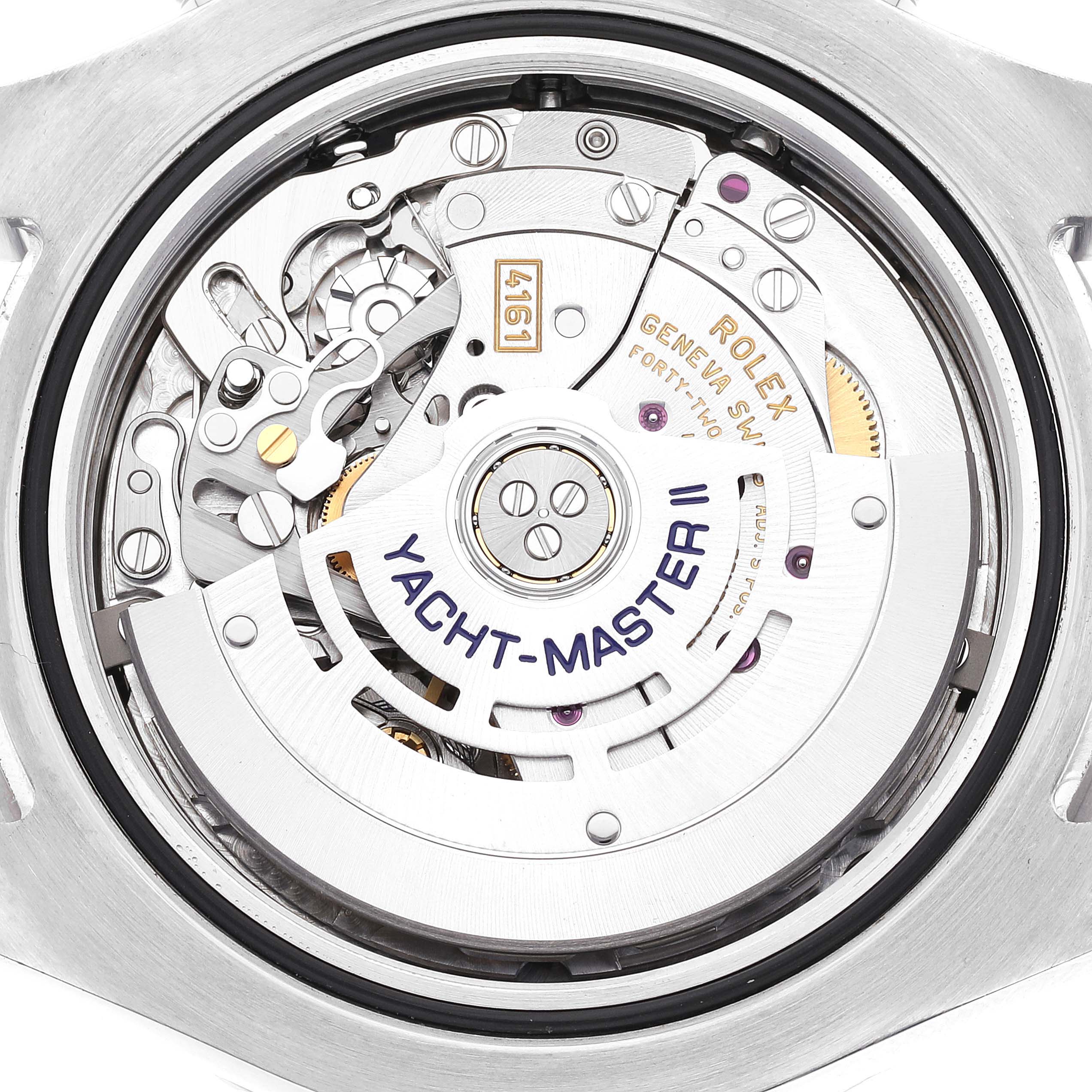 This is a close-up view of the movement and rotor of a Rolex Yacht-Master 116680 Men's Stainless Steel White Dial 116680 Men's Stainless Steel White Dial II watch.