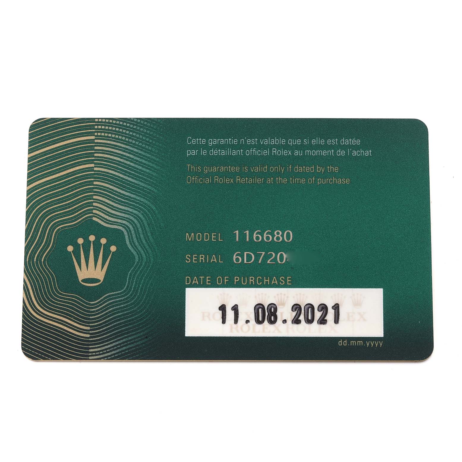 The image shows a warranty card for a Rolex Yacht-Master 116680 Men's Stainless Steel White Dial 116680 Men's Stainless Steel White Dial model 116680, featuring details including the serial number and date of purchase.