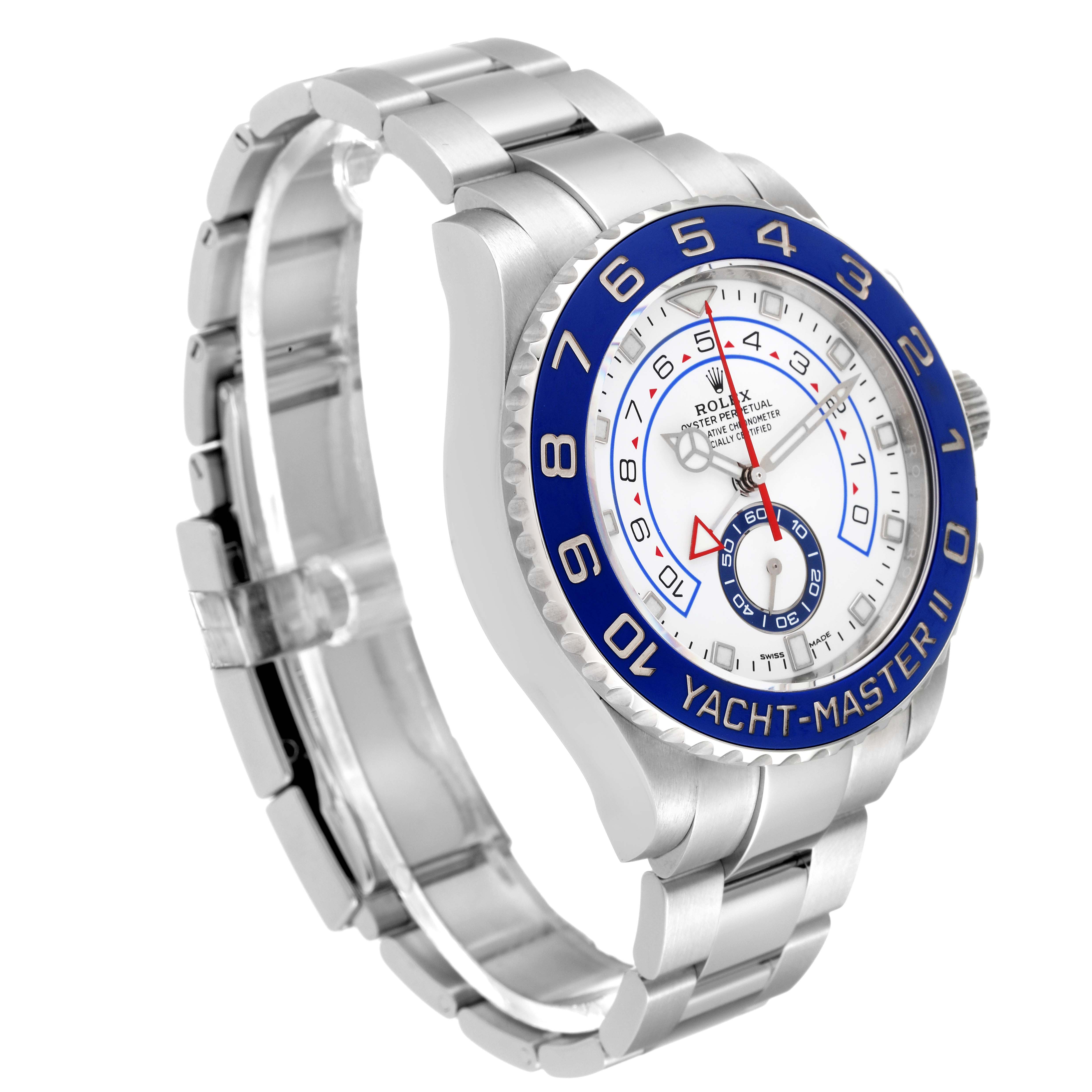The Rolex Yacht-Master 116680 Men's Stainless Steel White Dial 116680 Men's Stainless Steel White Dial watch is shown at a three-quarter angle displaying the face, bezel, crown, and bracelet.