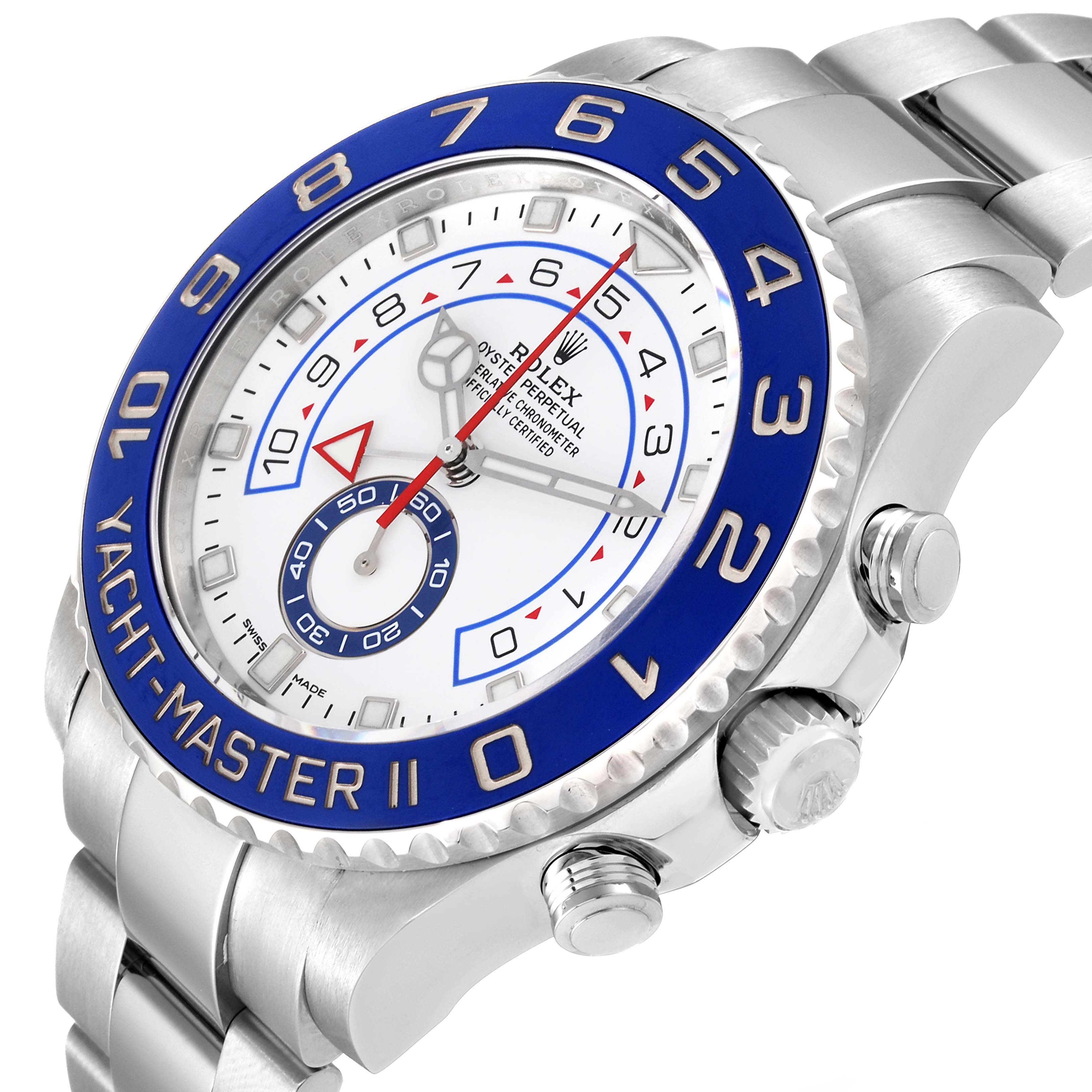 The image shows the face, bezel, and some of the bracelet and crown of the Rolex Yacht-Master 116680 Men's Stainless Steel White Dial 116680 Men's Stainless Steel White Dial II model from a tilted side angle.