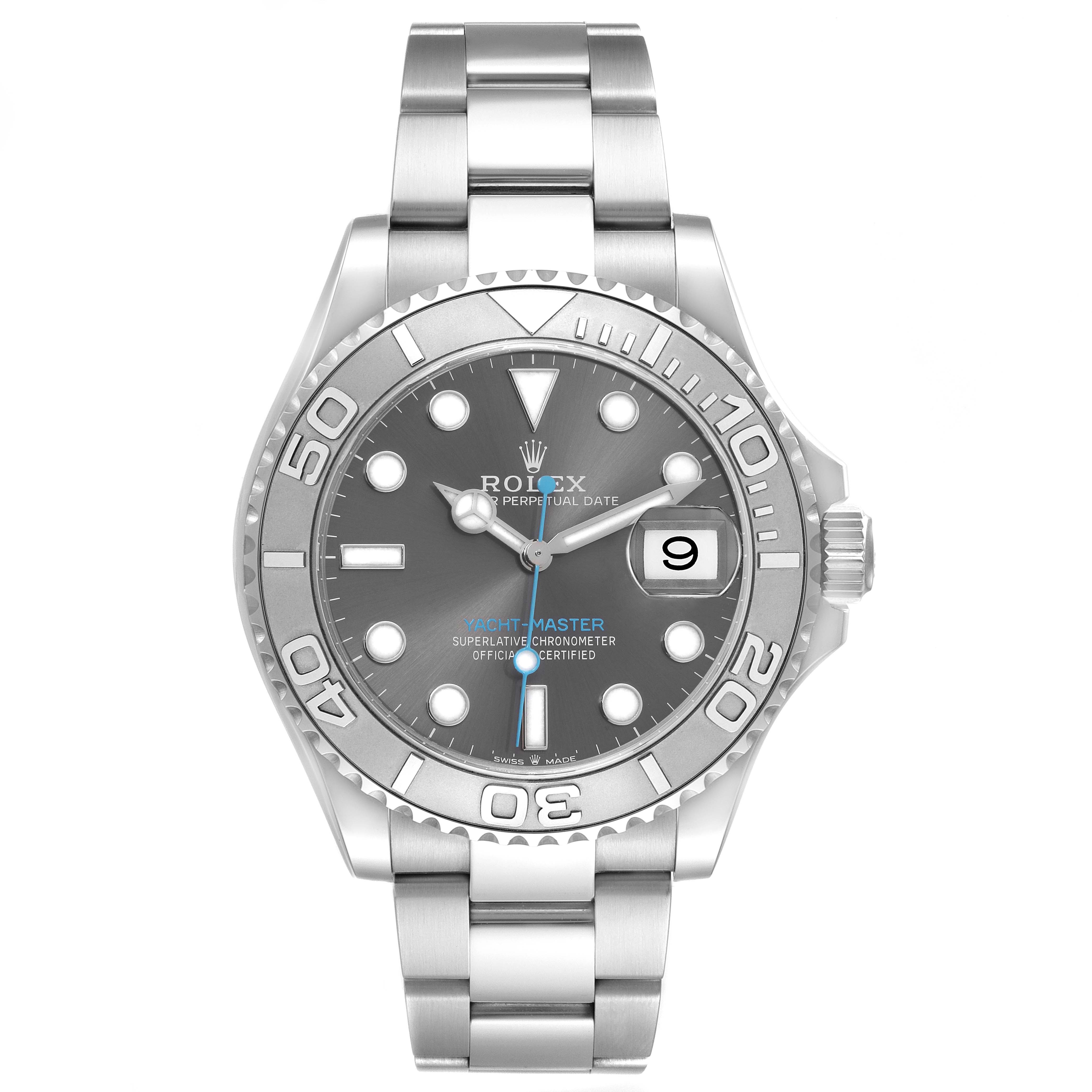 The Rolex Yacht-Master 126622 Men's Stainless Steel Grey Dial 126622 Men's Stainless Steel Grey Dial watch is shown from the front, highlighting its dial, bezel, and bracelet.