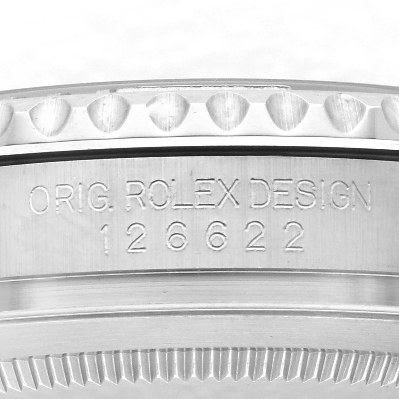 The image shows a close-up of the side of a Rolex Yacht-Master 126622 Men's Stainless Steel Grey Dial 126622 Men's Stainless Steel Grey Dial with the model number 126622 engraved.