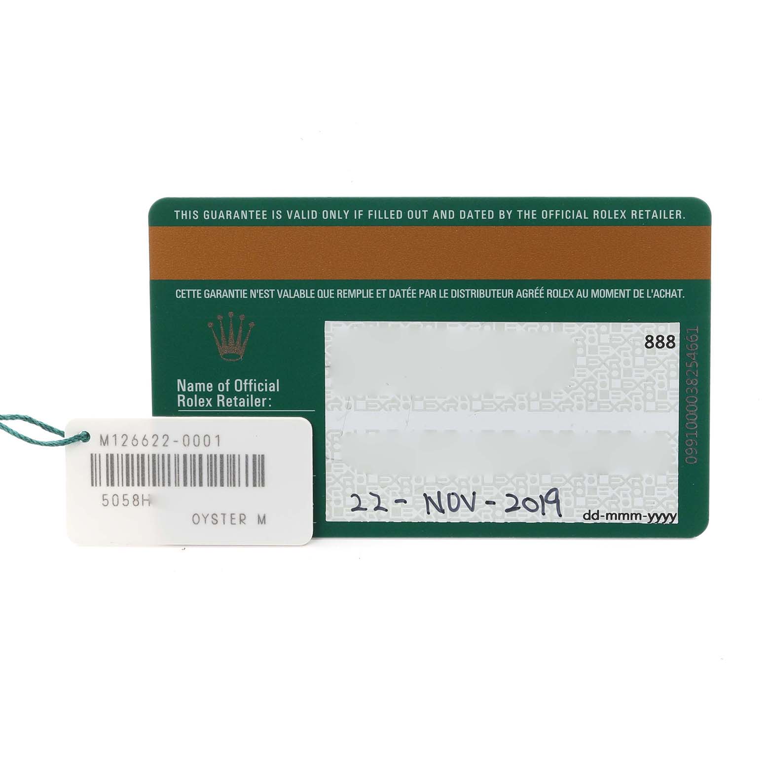 The image shows a Rolex Yacht-Master 126622 Men's Stainless Steel Grey Dial 126622 Men's Stainless Steel Grey Dial warranty card and tag from a straight-on angle.