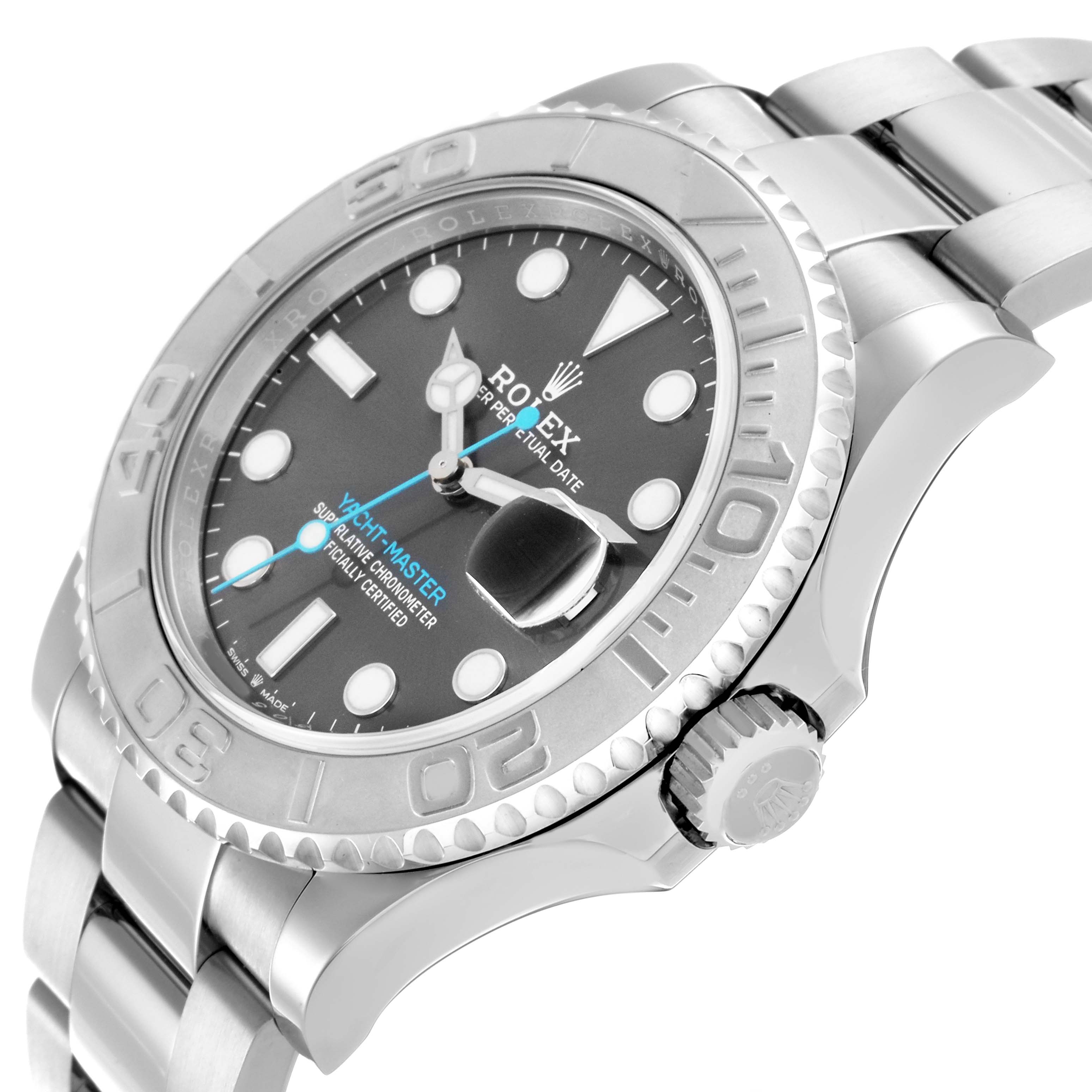 The Rolex Yacht-Master 126622 Men's Stainless Steel Grey Dial 126622 Men's Stainless Steel Grey Dial watch is shown at an angled view, highlighting the face, bezel, crown, and part of the bracelet.