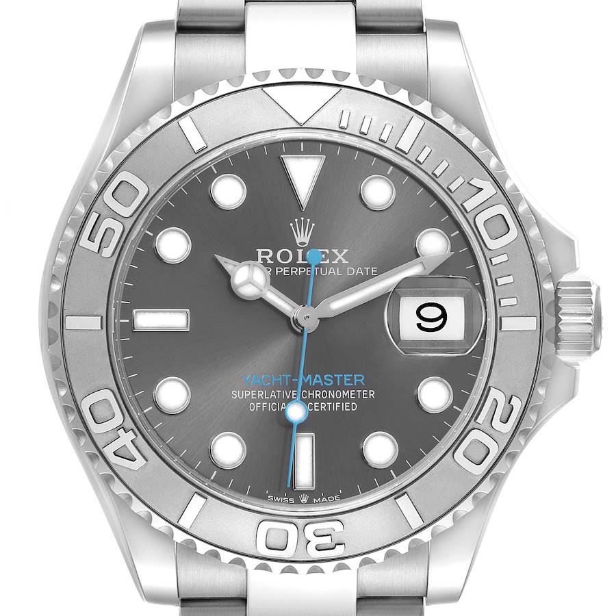 The Rolex Yacht-Master watch is shown from the front, displaying the dial, hands, bezel, and date window.