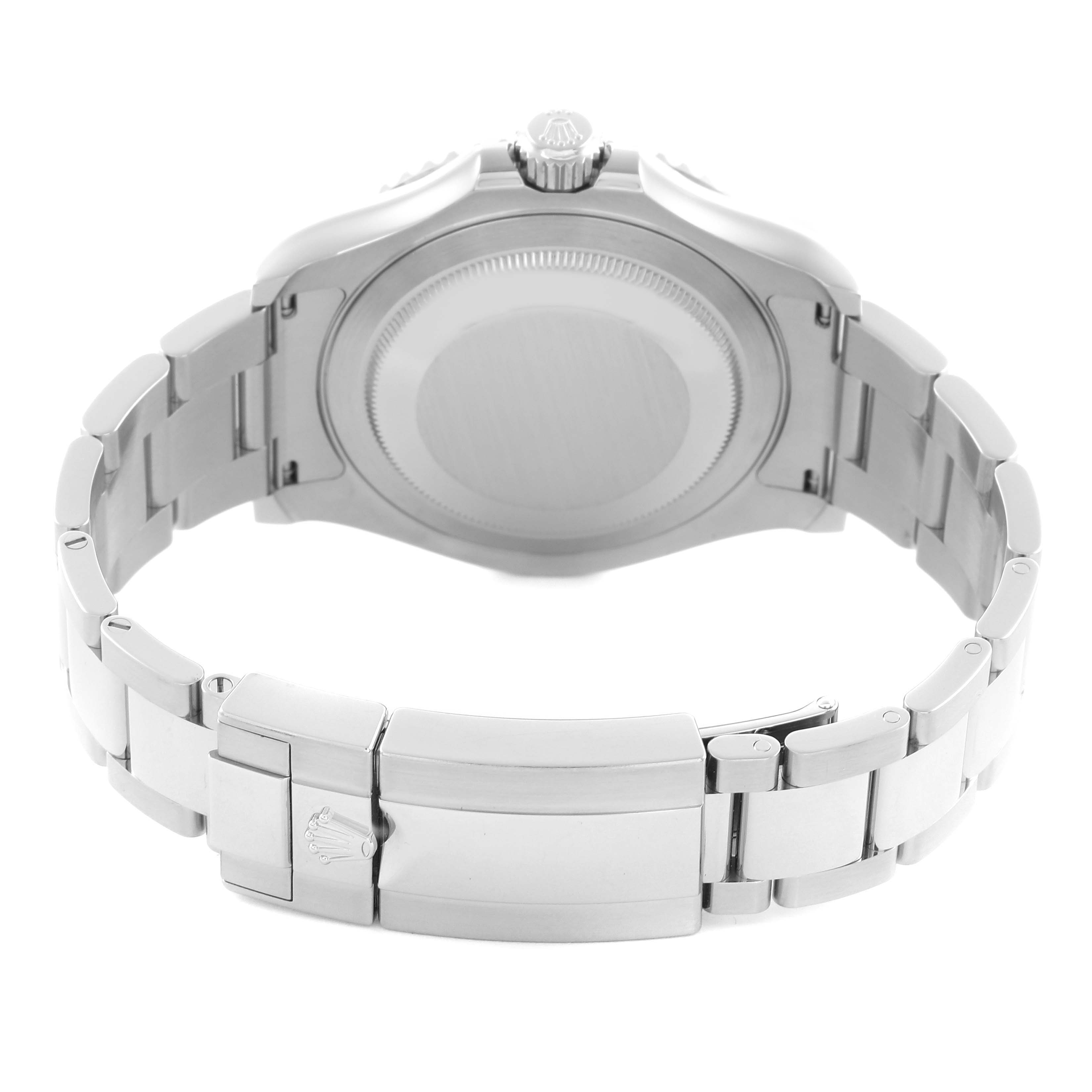 The Rolex Yacht-Master 126622 Men's Stainless Steel Grey Dial 126622 Men's Stainless Steel Grey Dial watch is shown from the back, featuring the case back and metal bracelet clasp.