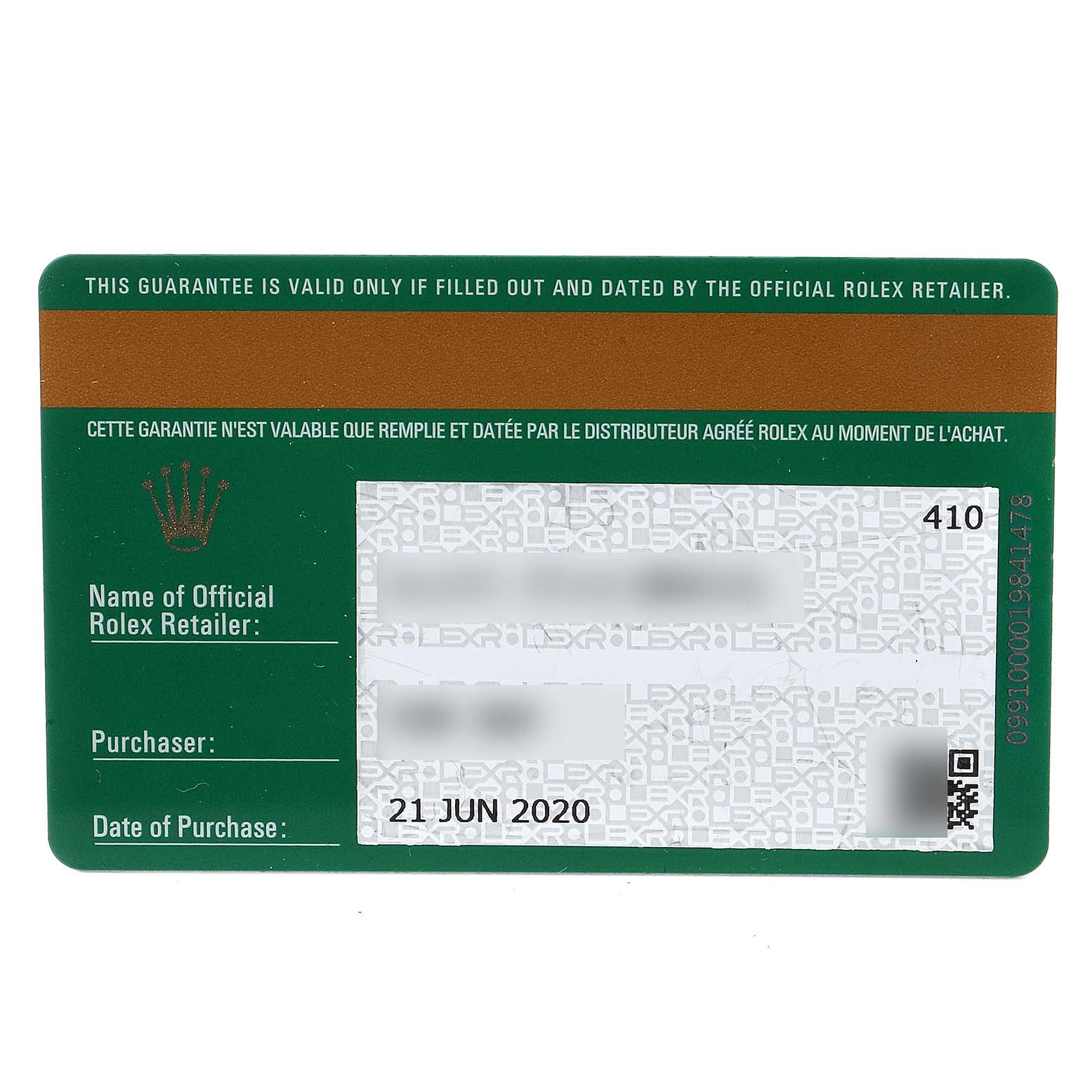 This image shows a Rolex Yacht-Master 126622 Men's Stainless Steel Grey Dial 126622 Men's Stainless Steel Grey Dial model warranty card, seen from a top-down angle.