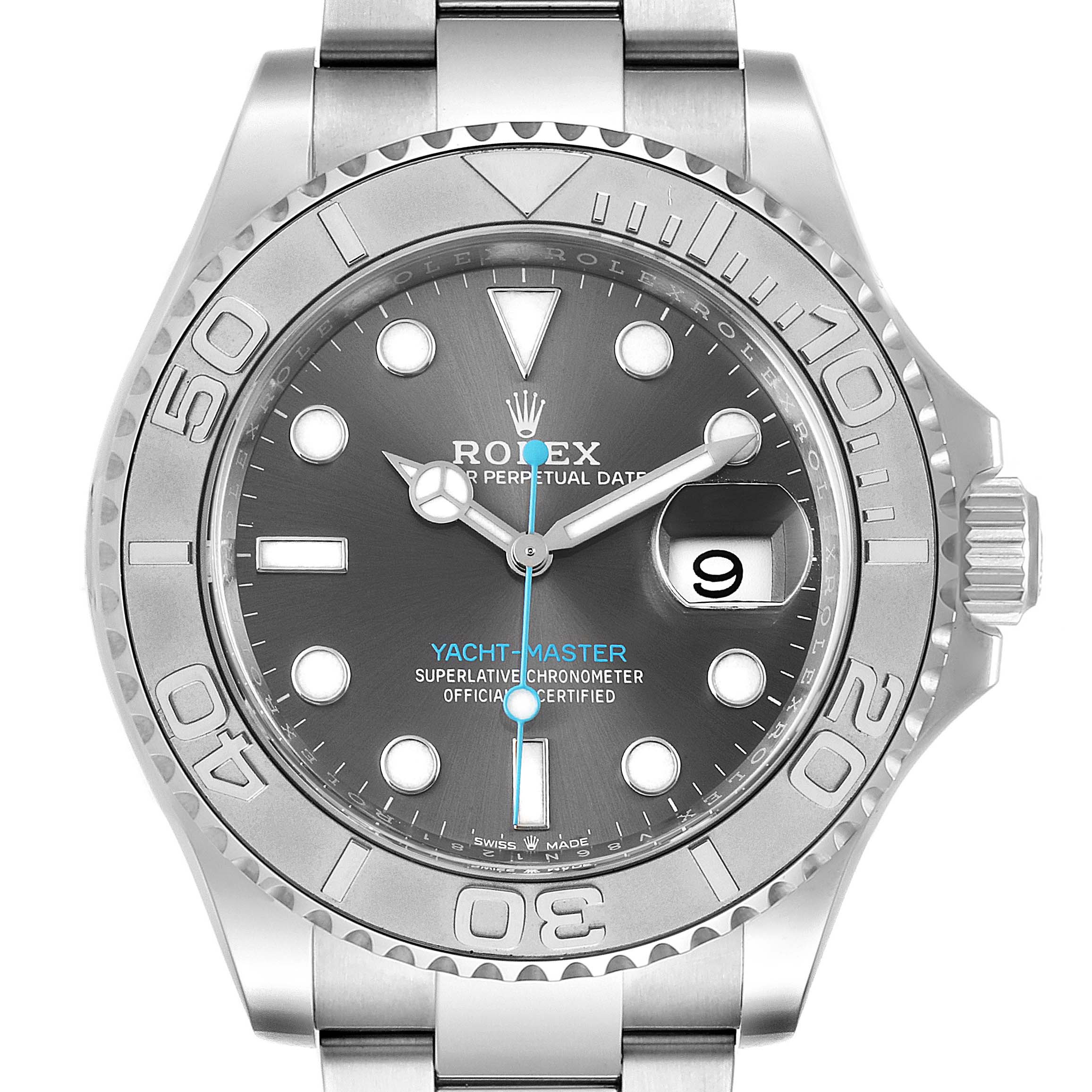 The image shows a front view of the Rolex Yacht-Master 126622 Men's Stainless Steel Grey Dial 126622 Men's Stainless Steel Grey Dial watch, displaying the dial, bezel, hands, and part of the bracelet.