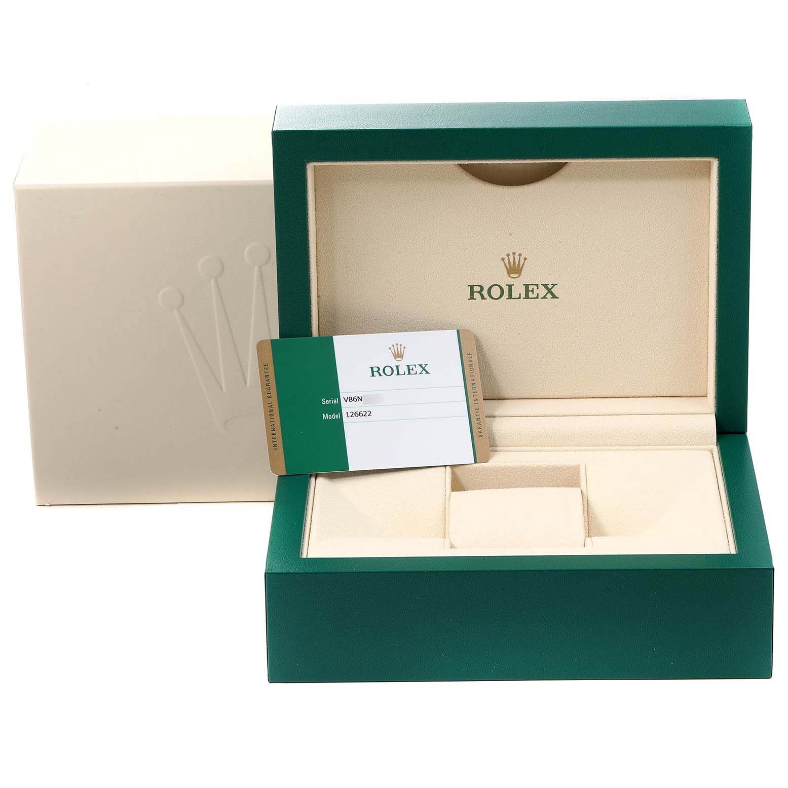 The image shows the packaging, card, and an empty box for the Rolex Yacht-Master 126622 Men's Stainless Steel Grey Dial 126622 Men's Stainless Steel Grey Dial watch.