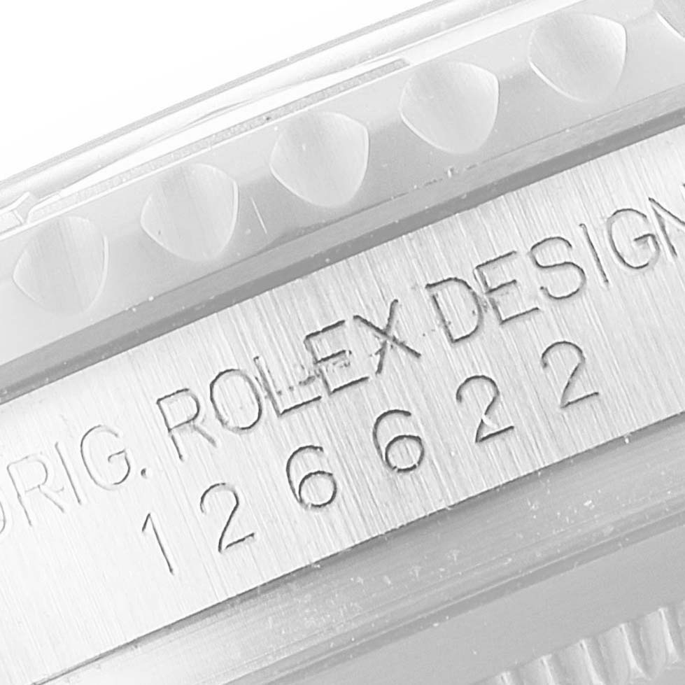 This close-up image shows the model number and part of the bezel of a Rolex Yacht-Master 126622 Men's Stainless Steel Grey Dial 126622 Men's Stainless Steel Grey Dial watch.