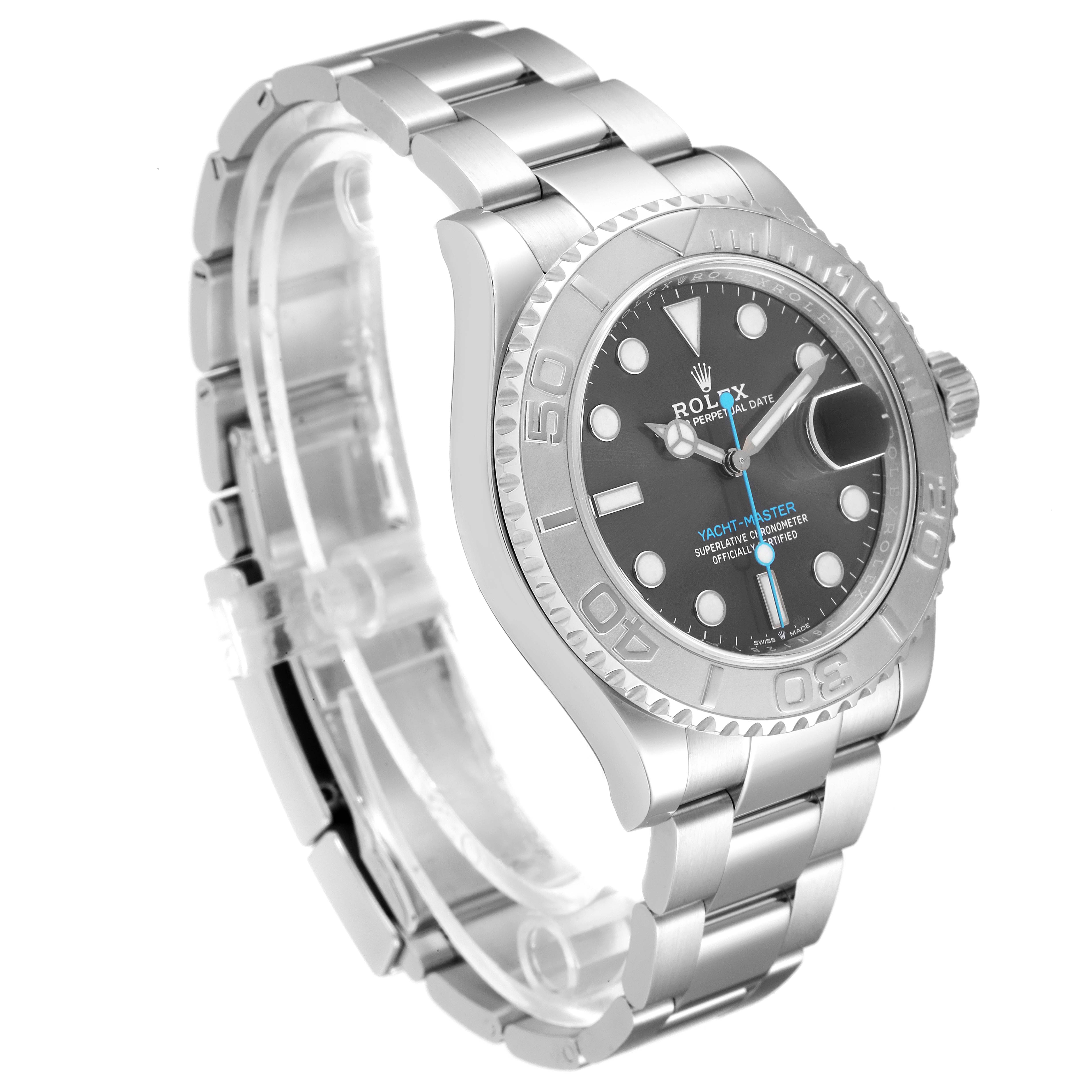 This image shows a Rolex Yacht-Master 126622 Men's Stainless Steel Grey Dial 126622 Men's Stainless Steel Grey Dial watch angled to display the face, bezel, and bracelet.