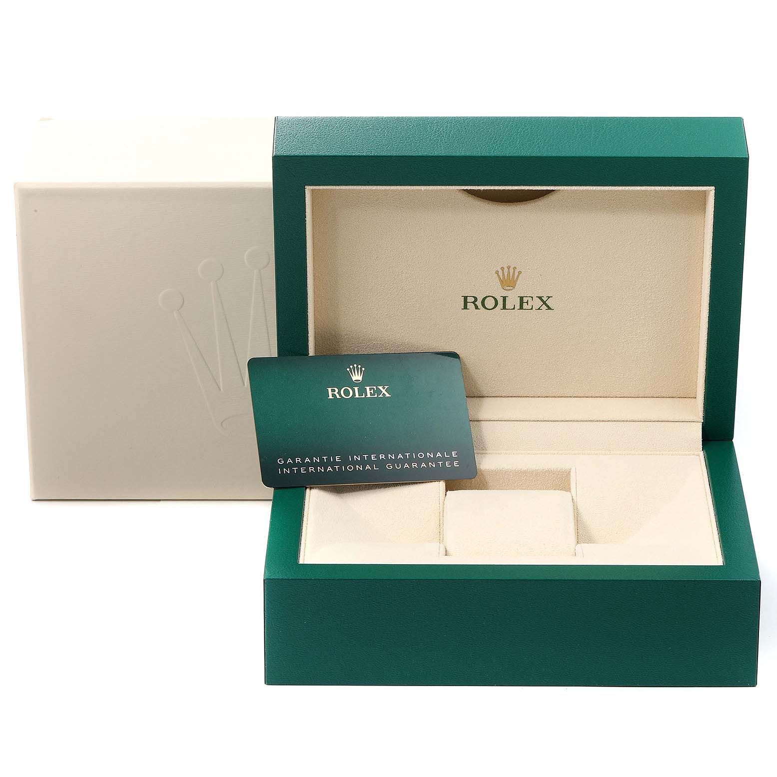 This image shows the open box and guarantee card for a Rolex Yacht-Master 126622 Men's Stainless Steel Grey Dial 126622 Men's Stainless Steel Grey Dial watch.