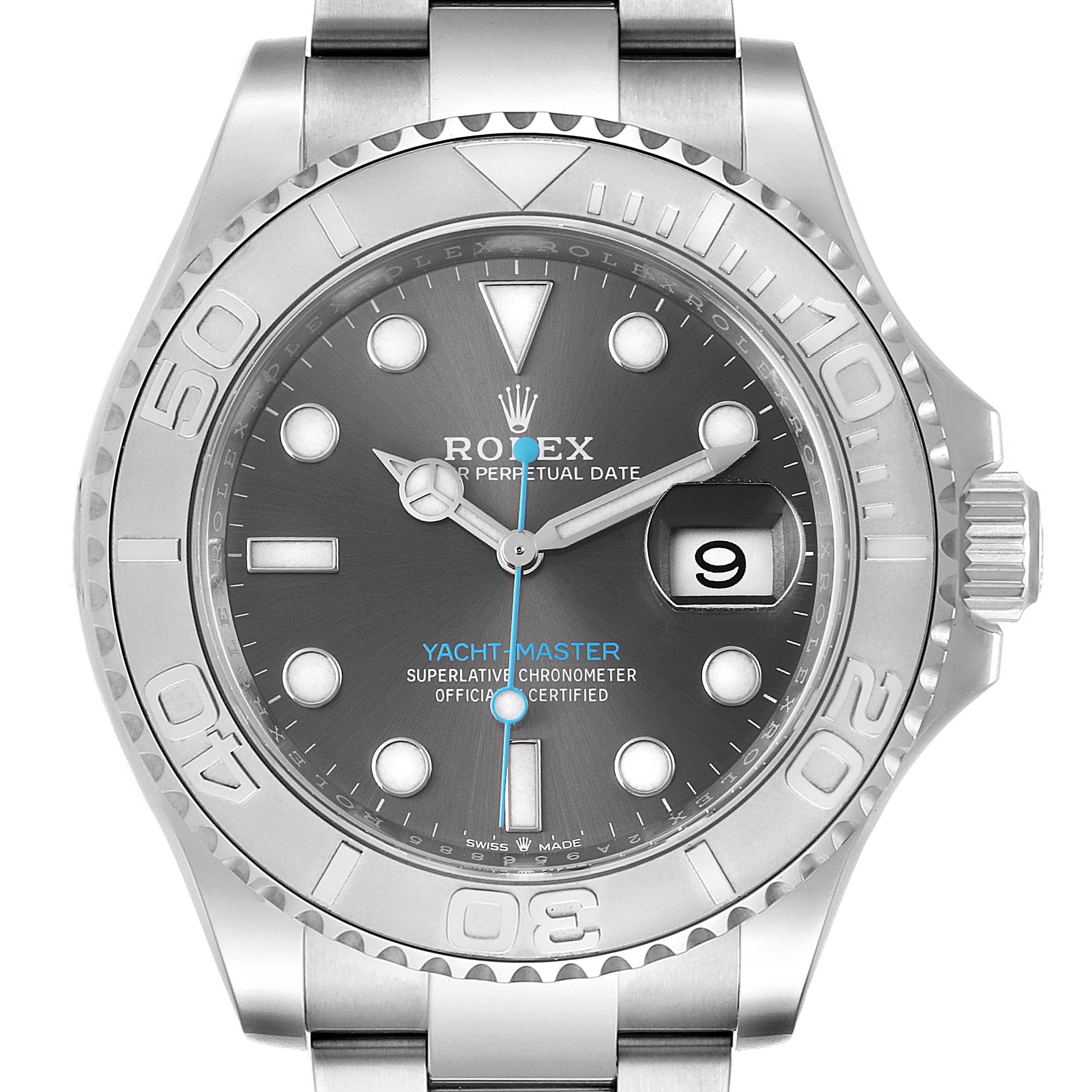 The image shows a front view of the Rolex Yacht-Master 126622 Men's Stainless Steel Grey Dial 126622 Men's Stainless Steel Grey Dial watch, highlighting the bezel, dial, hands, and date window.