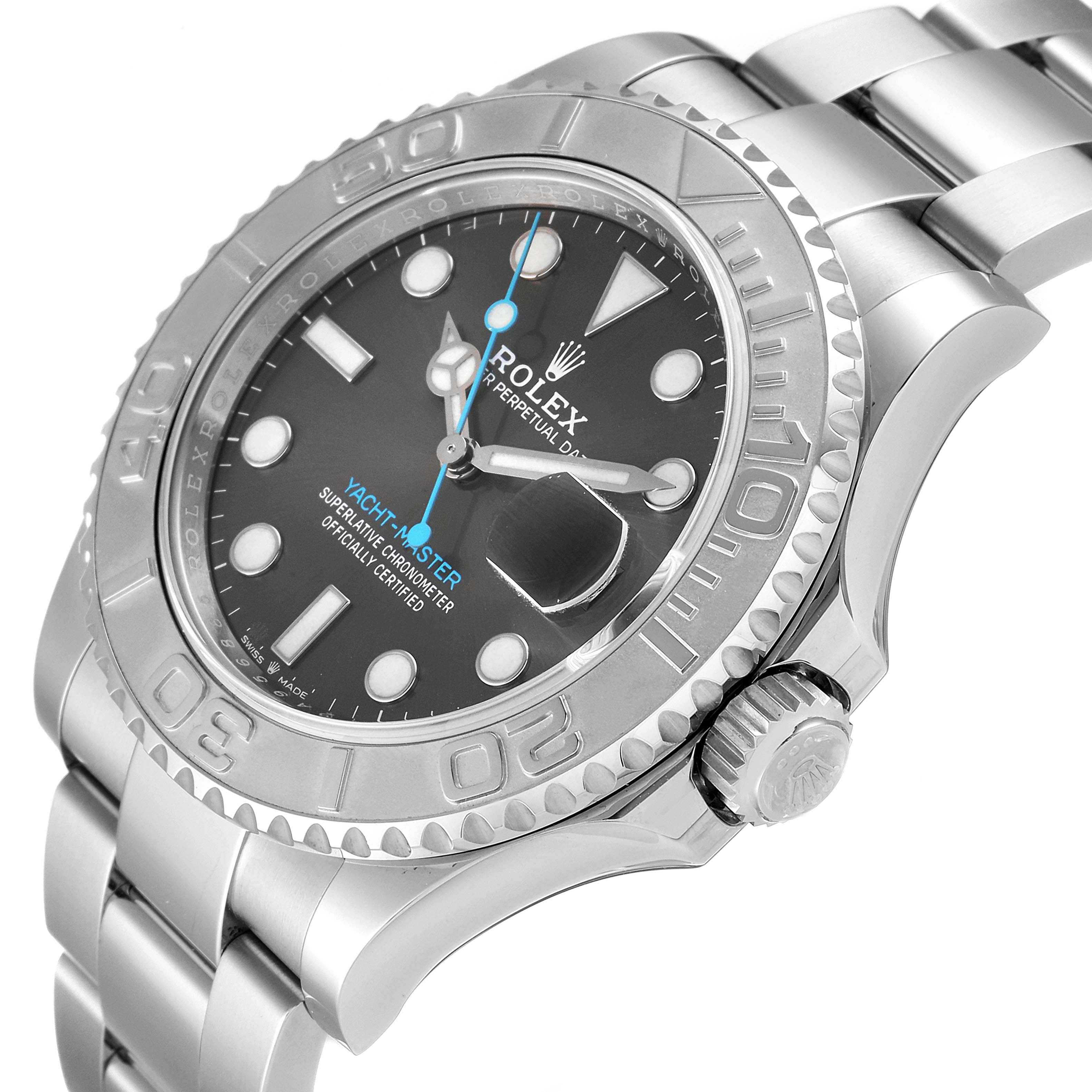 This image shows the side and front view of a Rolex Yacht-Master 126622 Men's Stainless Steel Grey Dial 126622 Men's Stainless Steel Grey Dial watch, highlighting the bezel, dial, hands, and bracelet.