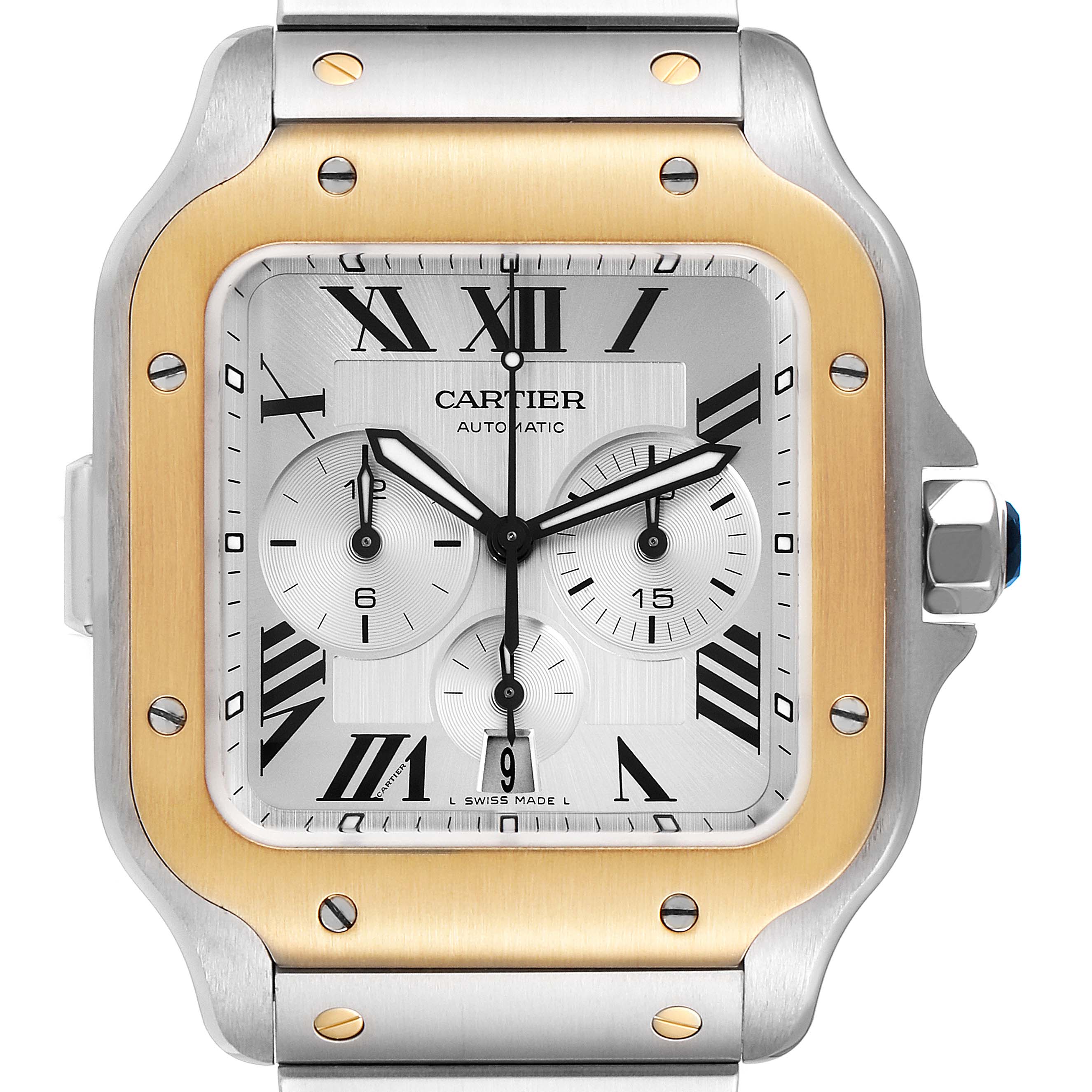 Santos De Cartier Steel Yellow Gold Silver Dial Watch W2SA0008 Box ...